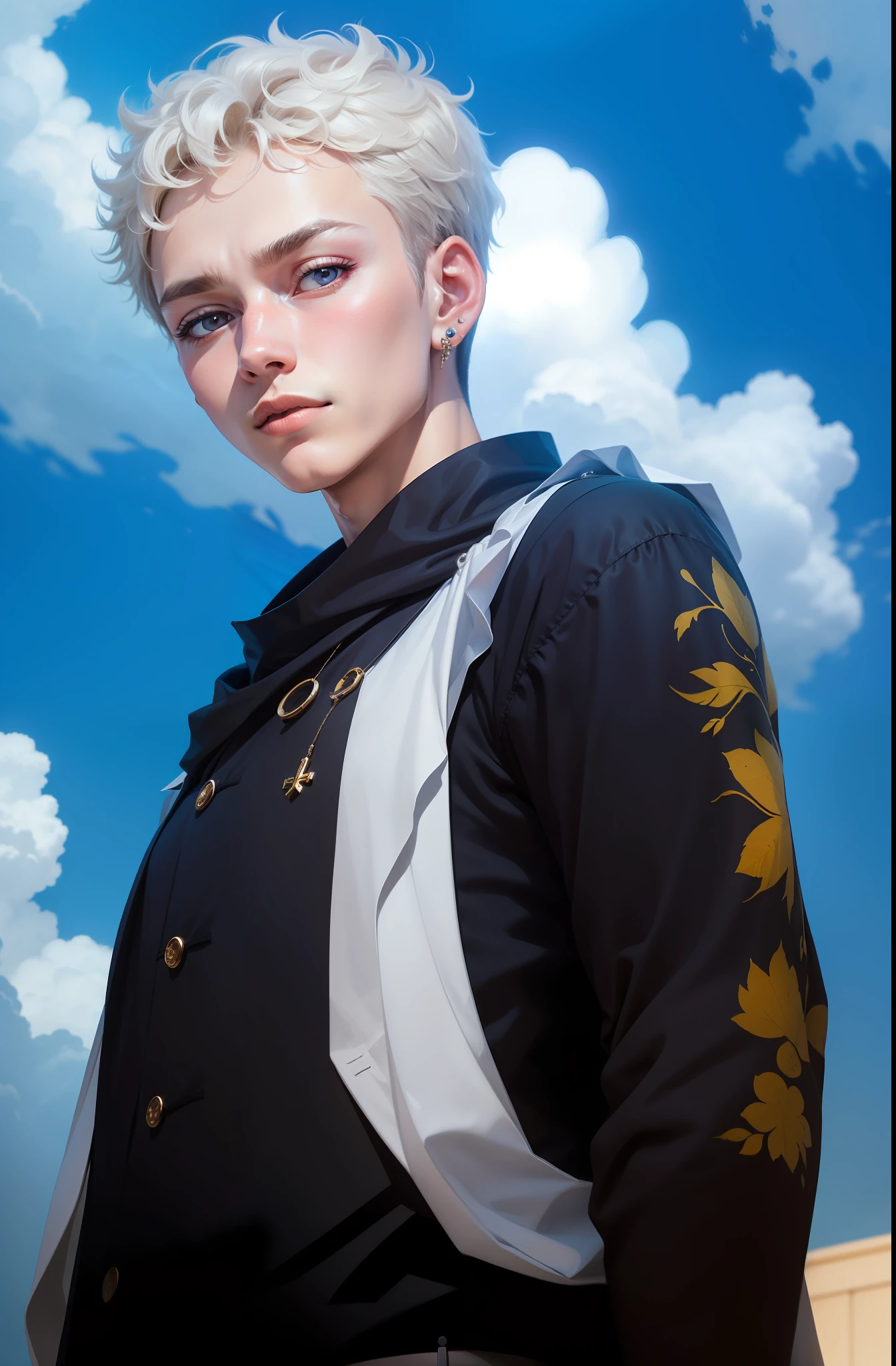 (1boy), cross earring, masterpiece, best quality, realistic, hyper-detailed, (skindynamic lighting, high resolution, sharp focus, depth of field,