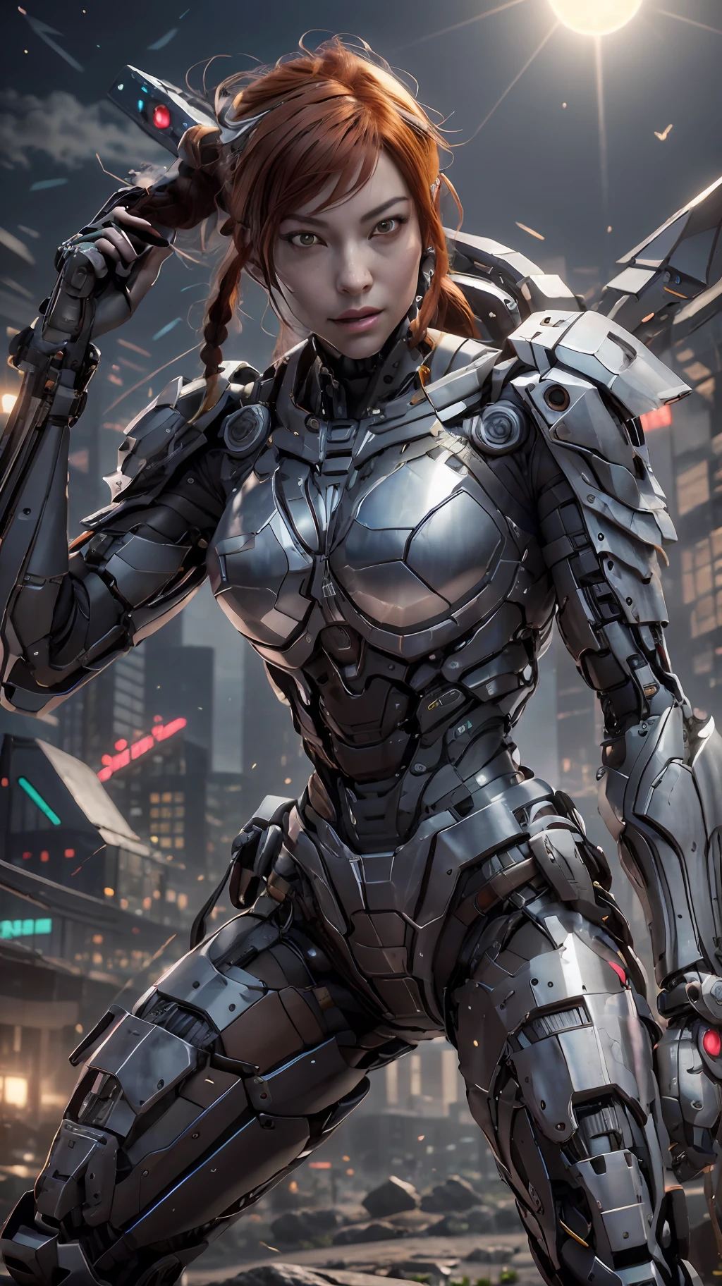 (Best Quality)), ((Masterpiece)), (Very Detailed: 1.3), 3D, Beautiful cyberpunk woman, batman cosplay, sci-fi technology, HDR (High Dynamic Range), ray tracing, nvidia RTX, super resolution, unreal 5, subsurface scattering, PBR texture, post-processing, anisotropic filtering, depth of field, maximum sharpness and sharpness, multi-layer texture, specular and albedo mapping, surface shading, accurate simulation of light-material interactions,  perfect proportions, octane rendering, duotone lighting, low ISO, white balance, rule of thirds, wide aperture, 8K RAW, high efficiency subpixels, subpixel convolution, light particles, light scattering, Tyndall effect, very sexy bikini, full body, battle pose, red hair with braids, bats in the sky notuno, full moon,