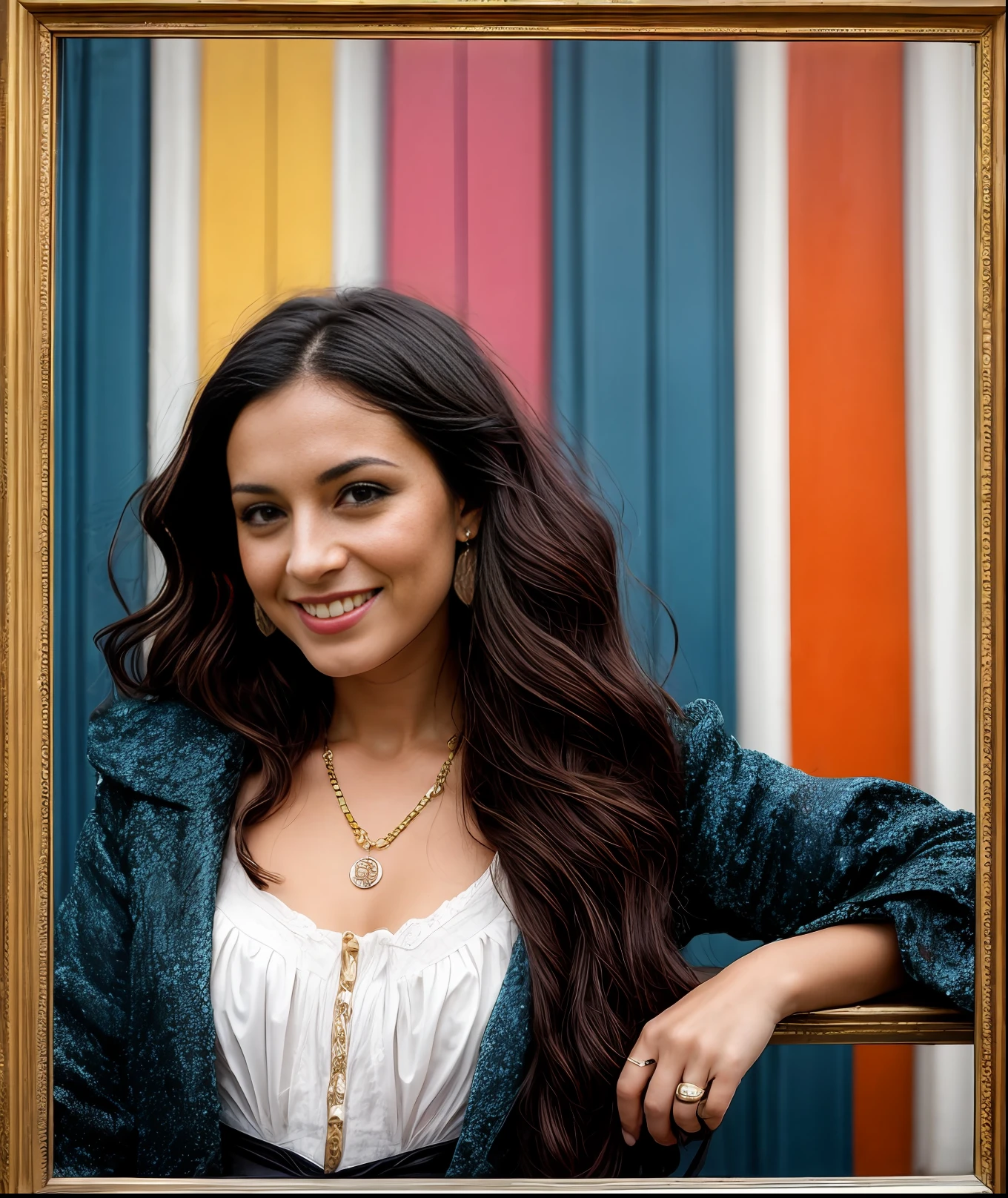 Immerse yourself in the colourful world of a neo Victorian artist , she has long plaited black hair and wears highly fashionable bohemian neo Victorian clothing ,she locks eyes with the camera and smiles ,her face radiates beauty and intelligence. Artists studio backdrop. Photographed by David bailey using Hasselblad’s flagship mirrorless medium format camera X2D 100C. 1000mps ,bold vibrant colours