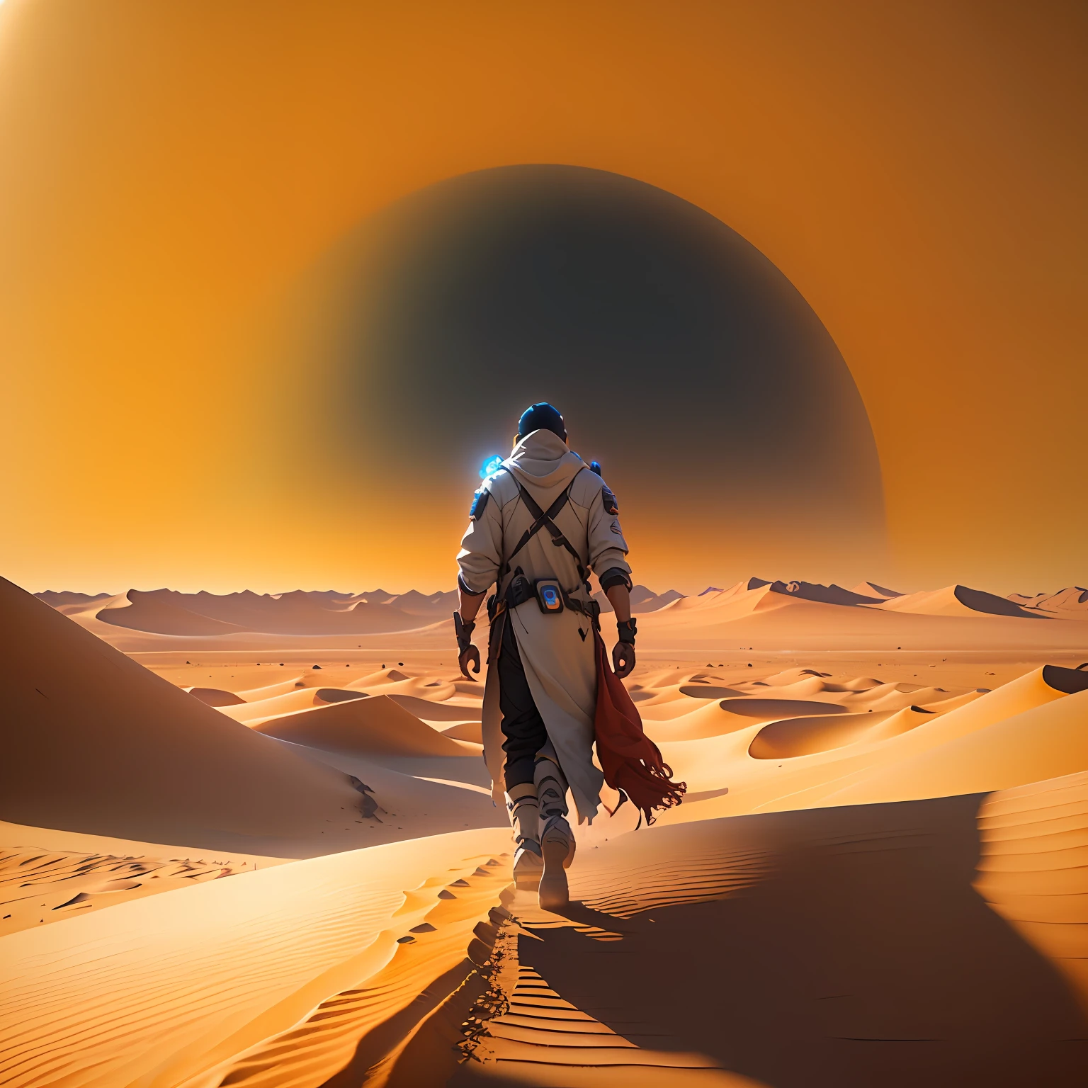 arafed man in a desert with a desert background, 3 d render beeple, stargate standing in desert, cinematic beeple, by jessica rossier, jessica rossier fantasy art, sci fi epic digital art, artem demura beeple, sci-fi digital art illustration, beeple. octane render, fantasy style 8 k octane render