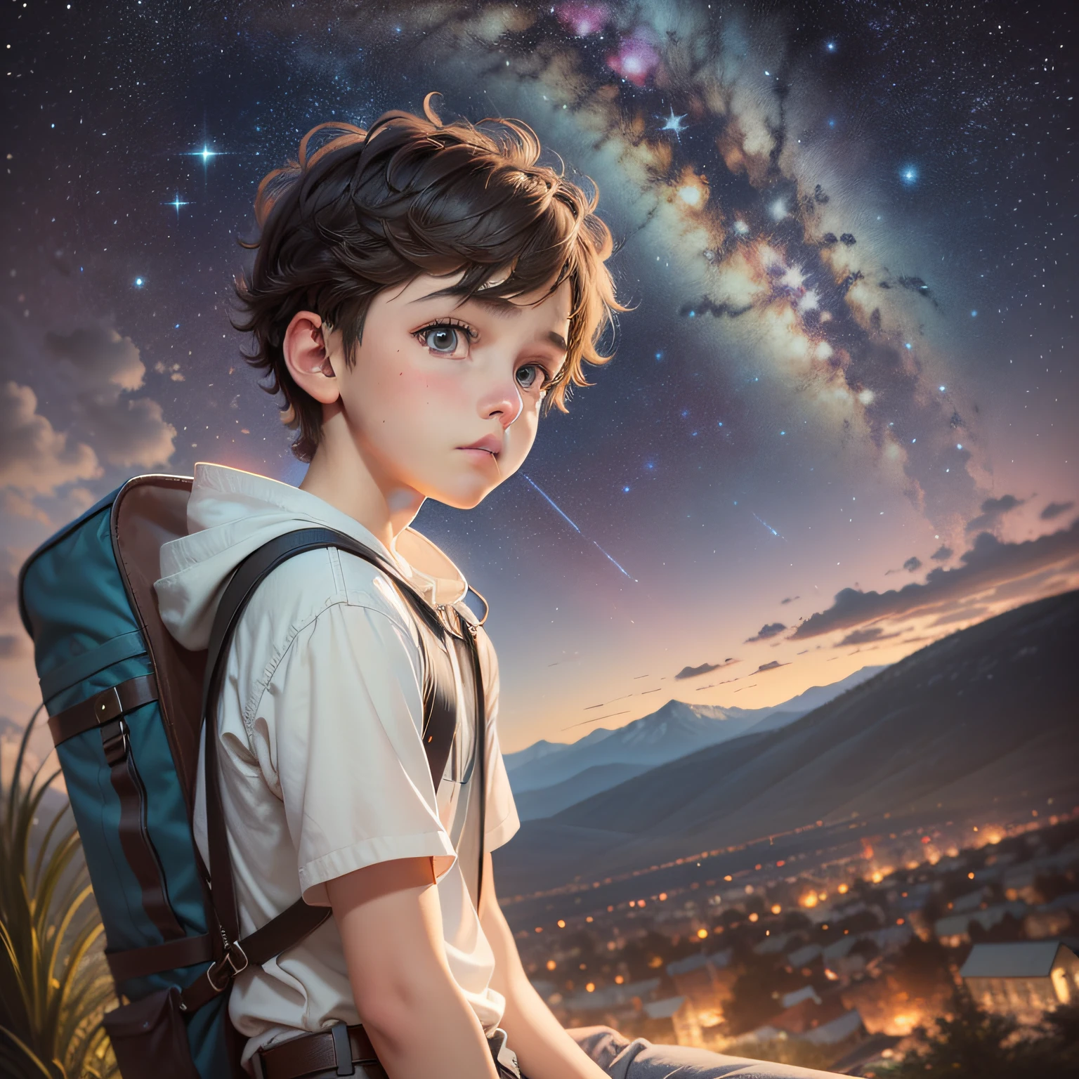 children's cartoon, -yeld bolooking at the starry night sky, detail-oriented