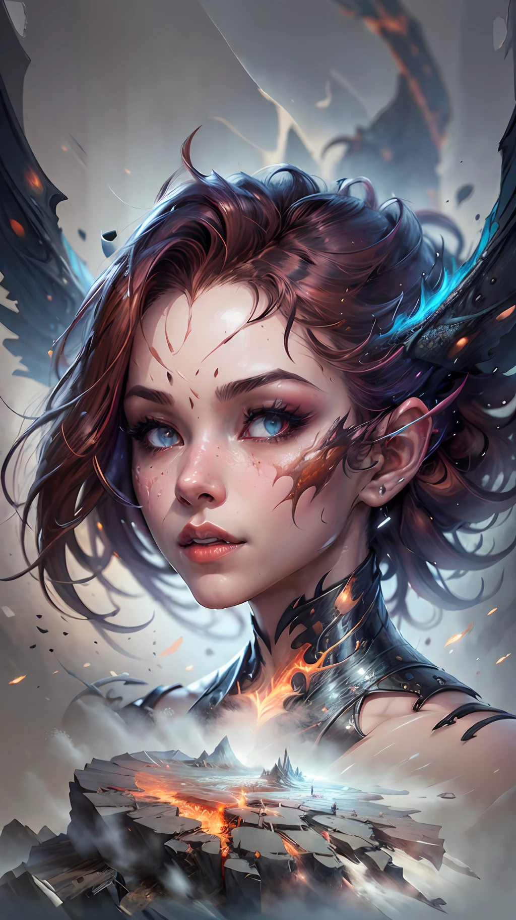 a half-body portrait of a dragon woman, in a volcano with snow, reddish hair, on fire, scales, natural body posture, snow, Art by Alberto Seveso, by Carne Griffiths, by Wadim Kashin, by jean baptiste monk, symmetrical, abstract art style, complex and intricate watercolor painting, sharp eyes, digital painting, explosion of colors, conceptual art,  Volumetric lighting, TanvirTamim, metallic reflections, 2d rendering, 8k. by artgerm, trend in artstation