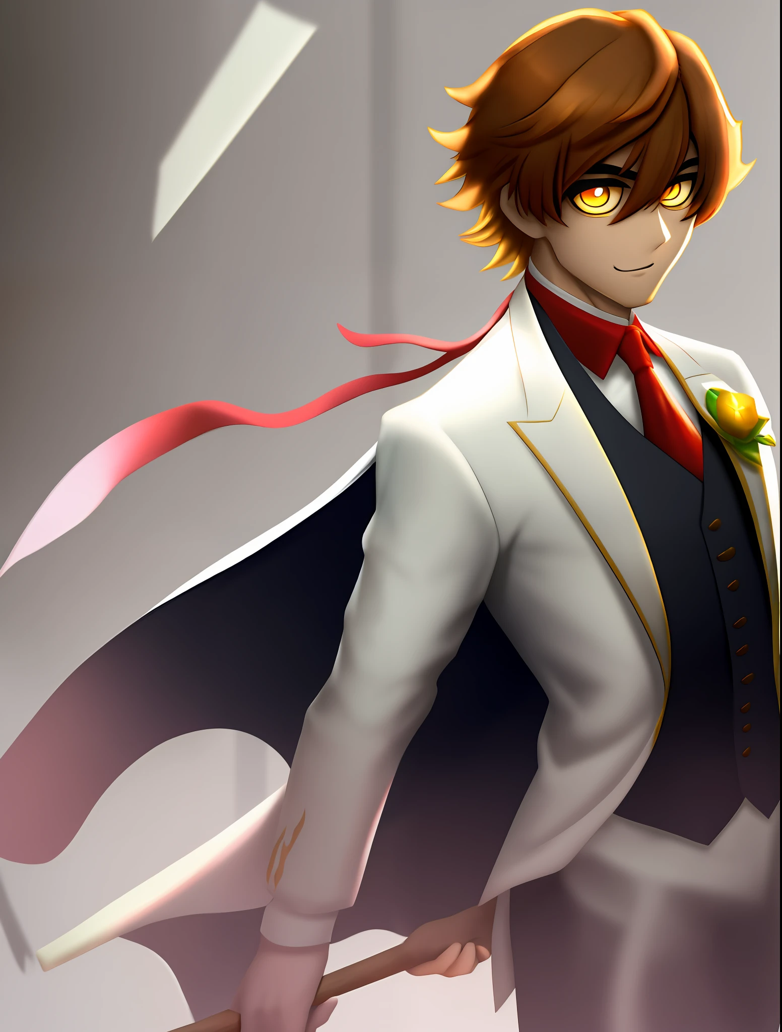 Create a male character with medium brown hair yellow eyes, red tuxedo to make stick in telegram