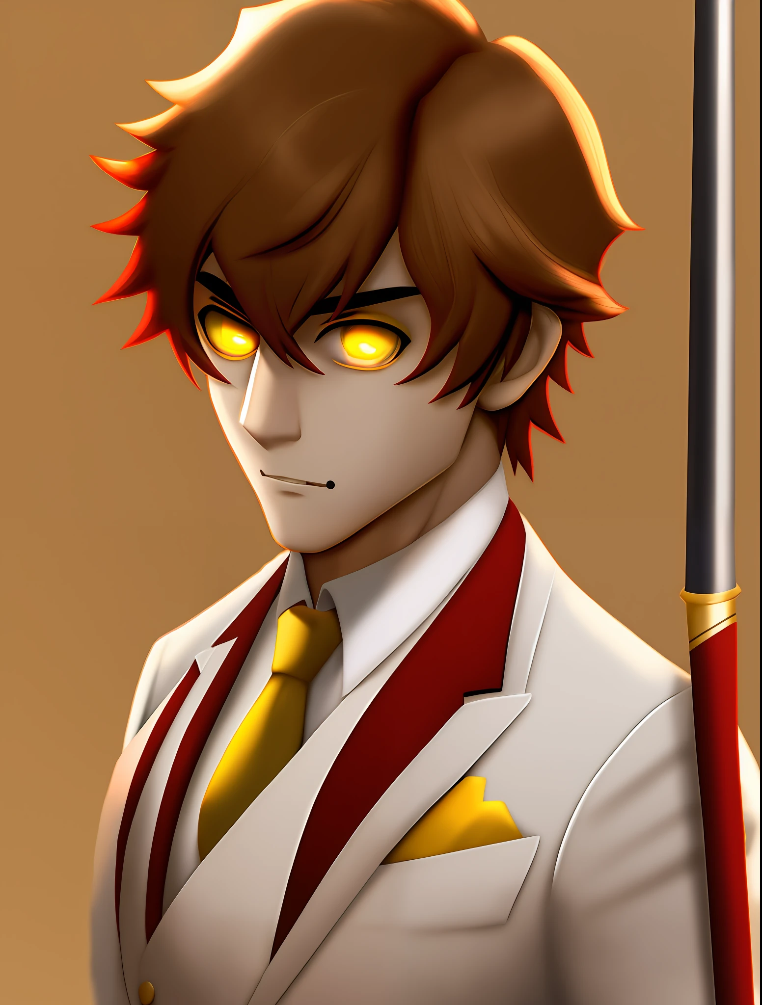 Create a male character with medium brown hair yellow eyes, red tuxedo to make stick in telegram