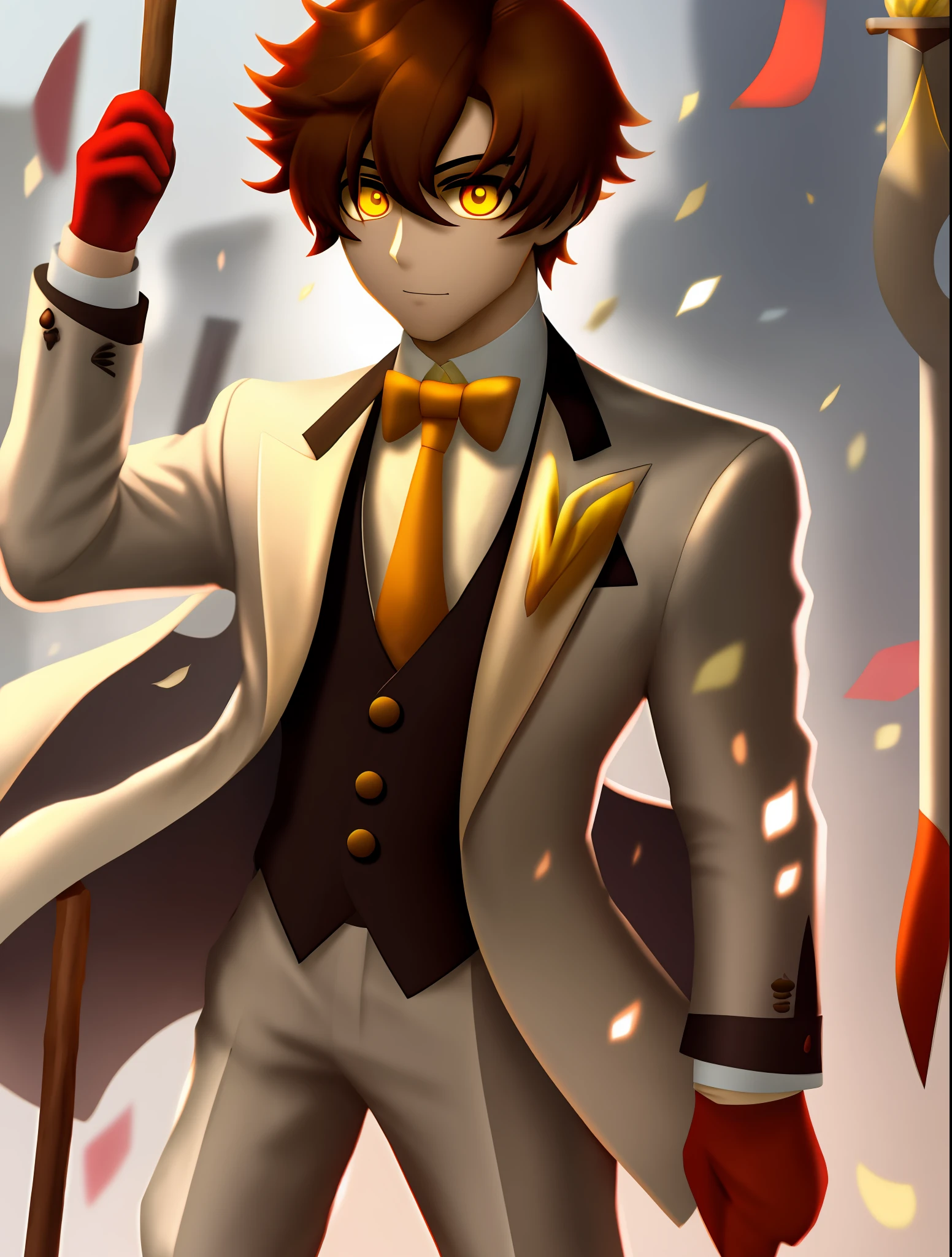 Create a male character with medium brown hair yellow eyes, red tuxedo to make stick in telegram