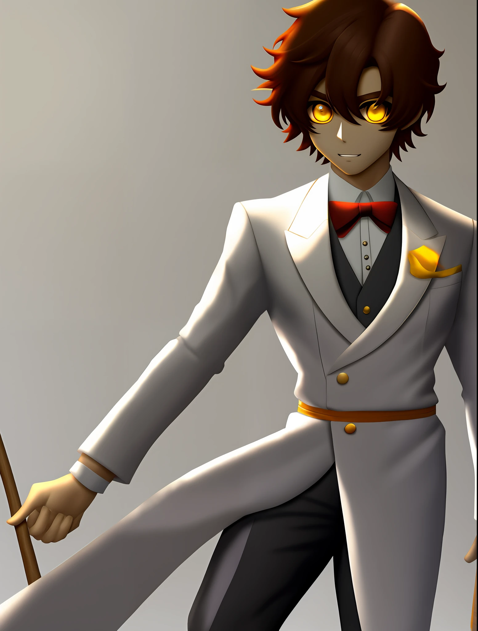 Create a male character with medium brown hair yellow eyes, red tuxedo to make stick in telegram