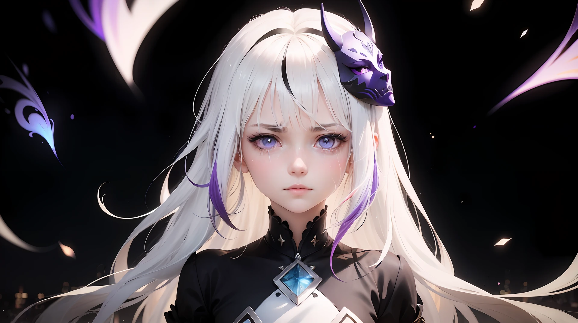 1girl with white and multicolored hair, purple eyes, wearing a mask on her head, lit by sidelighting with delicate light particles. Create a wallpaper with an anime style, portraying a cute and sad expression, as if she is about to cry. The scene should feature a beautiful landscape. Please add the text "bye" to the image.