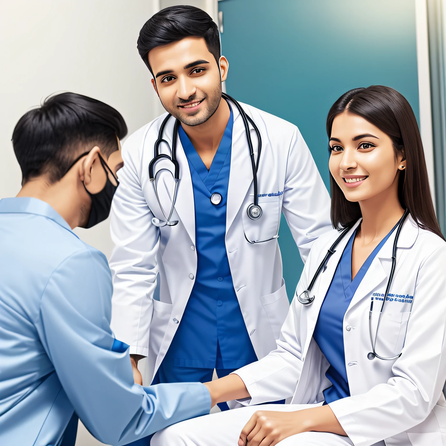 doctor in white coat happily attending patient sitting in clean hospital office --auto