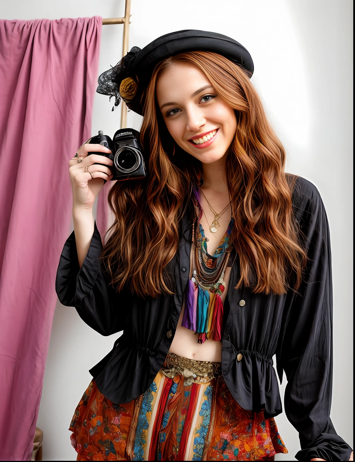 Immerse yourself in the colourful world of a neo Victorian artist , she has long red  hair and wears highly individual bohemian neo Victorian clothing ,she locks eyes with the camera and smiles ,her face radiates beauty and intelligence. Artists studio backdrop. Photographed by David bailey using Hasselblad’s flagship mirrorless medium format camera X2D 100C. 1000mps ,bold vibrant colours
