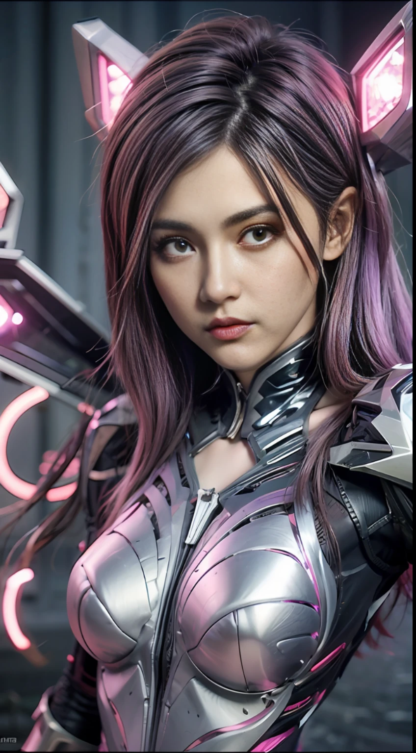 1girl, zeri, league of legends, zeli, deep purple hair, purple eyes, cute expression, intense glare, looking at the audience, from the side, (dynamic pose), (void wings), weapons, masterpiece, extremely detailed CG Unity 8k wallpaper, best quality, 32k, clear focus, cybercity, neon sign, aperture, void field