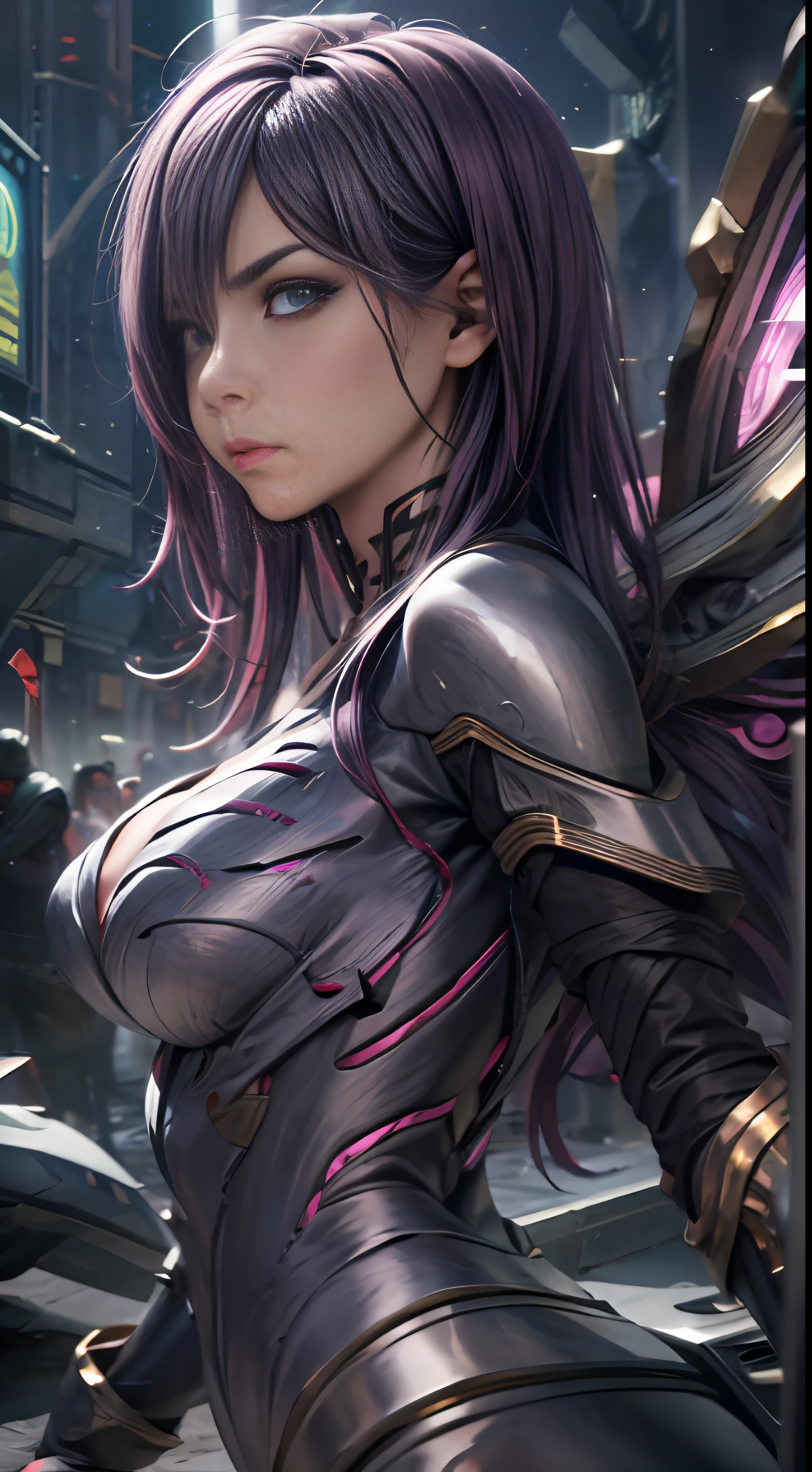 1girl, kai'sa, league of legends, kasa, purple wings, deep purple hair, purple eyes, serious expression, intense glare, looking at the audience, from the side, (dynamic pose), (void wings), weapons, masterpiece, extremely detailed CG Unity 8k wallpaper, best quality, 32k, focus clear, cybercity, neon, aperture, void field