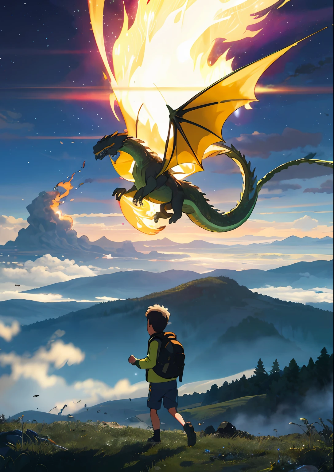 The vast starry sky, the beautiful horizon, the vast pastures, the extremely tense and dramatic images, the moving visual effects, the suspended Polaris and the colorful natural light. A long-sleeved top, jean shorts and a toddler boy with a backpack. A baby dragon flying next to the boy, small size, green in color, letting out fire.