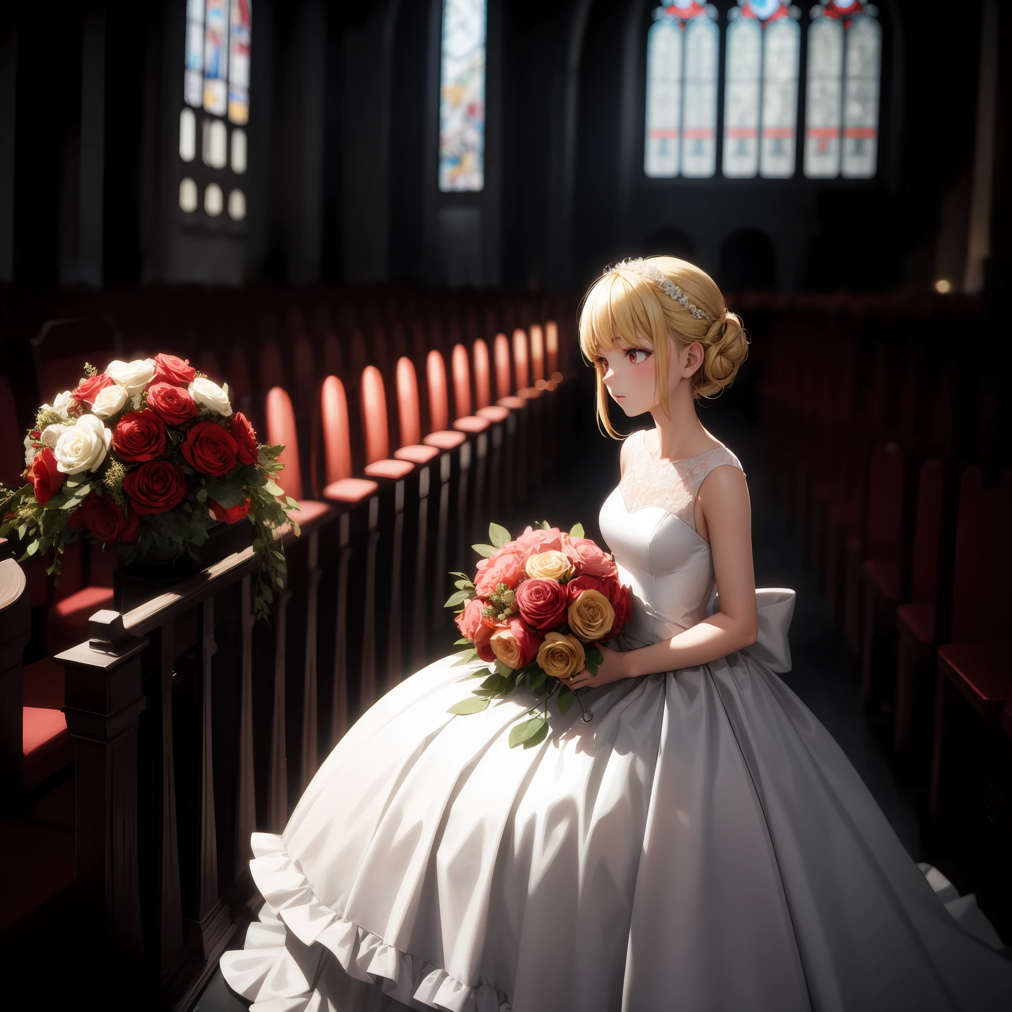 blonde, red eyes, girl, alone, solo, 1girl, red wedding dress, bouquet, chapel