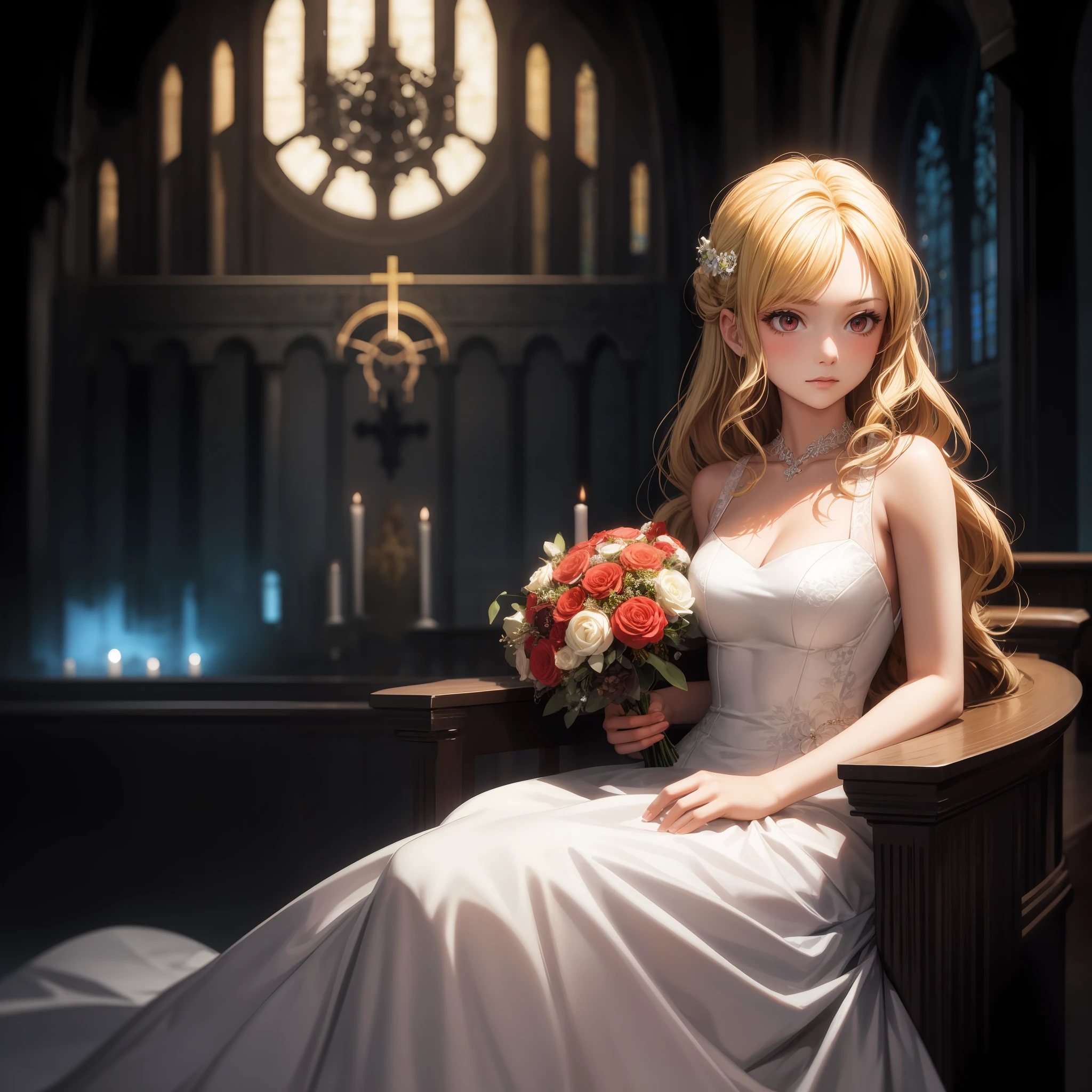 blonde, red eyes, girl, alone, solo, 1girl, red wedding dress, bouquet, chapel