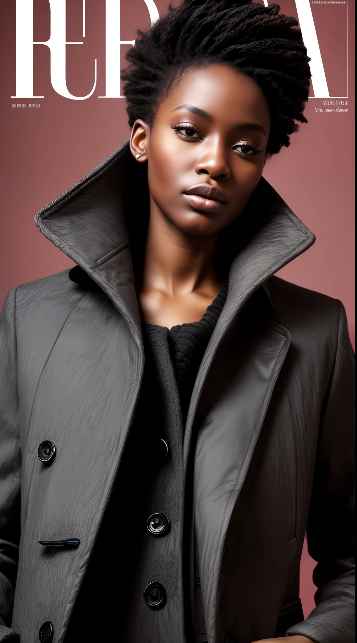 a black model with African facial features posing elegant for digital magazine cover editorial photo, wearing winter clothes, ultra modern plaid wool overcoat, intense vivid colors, detailed, haute couture, ultra detailed finishes, cute look, intricate details, magazine cover editorial style photo, high fashion, apply editorial environment, masterpiece, highest quality,  ultra detailed, high definition,