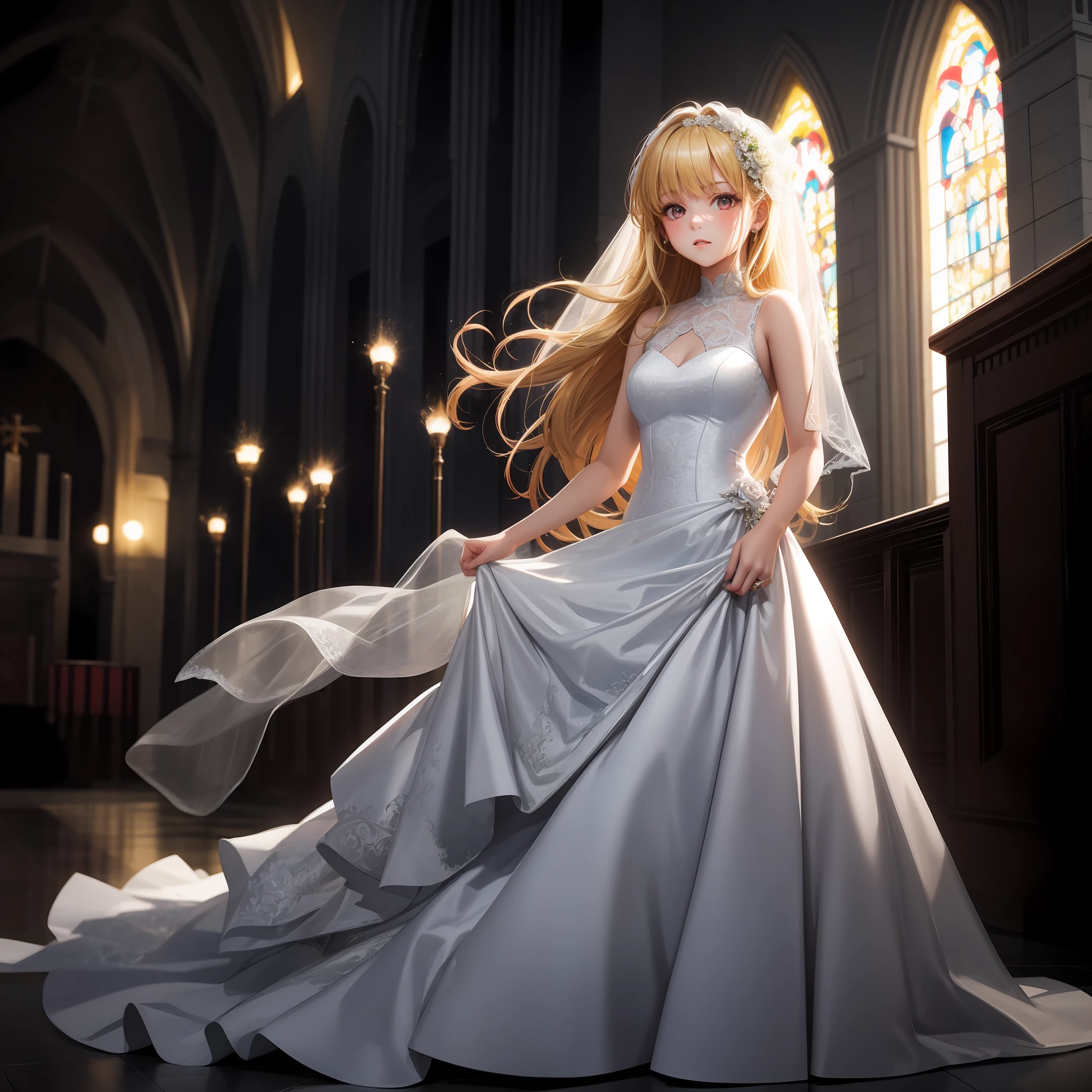 blonde, red eyes, girl, alone, solo, 1girl, light blue wedding dress, chapel