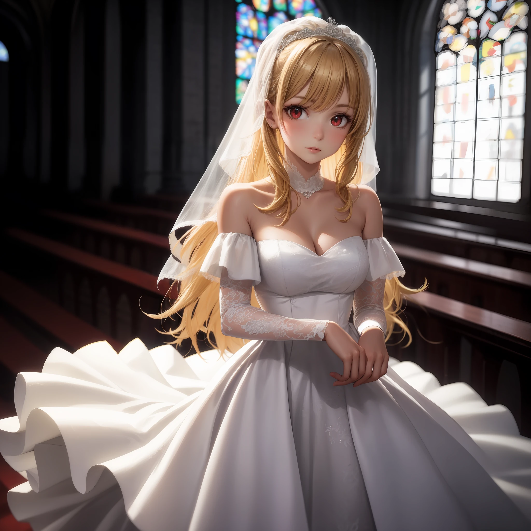 blonde, red eyes, girl, alone, solo, 1girl, white wedding dress, off-the-shoulder, chapel
