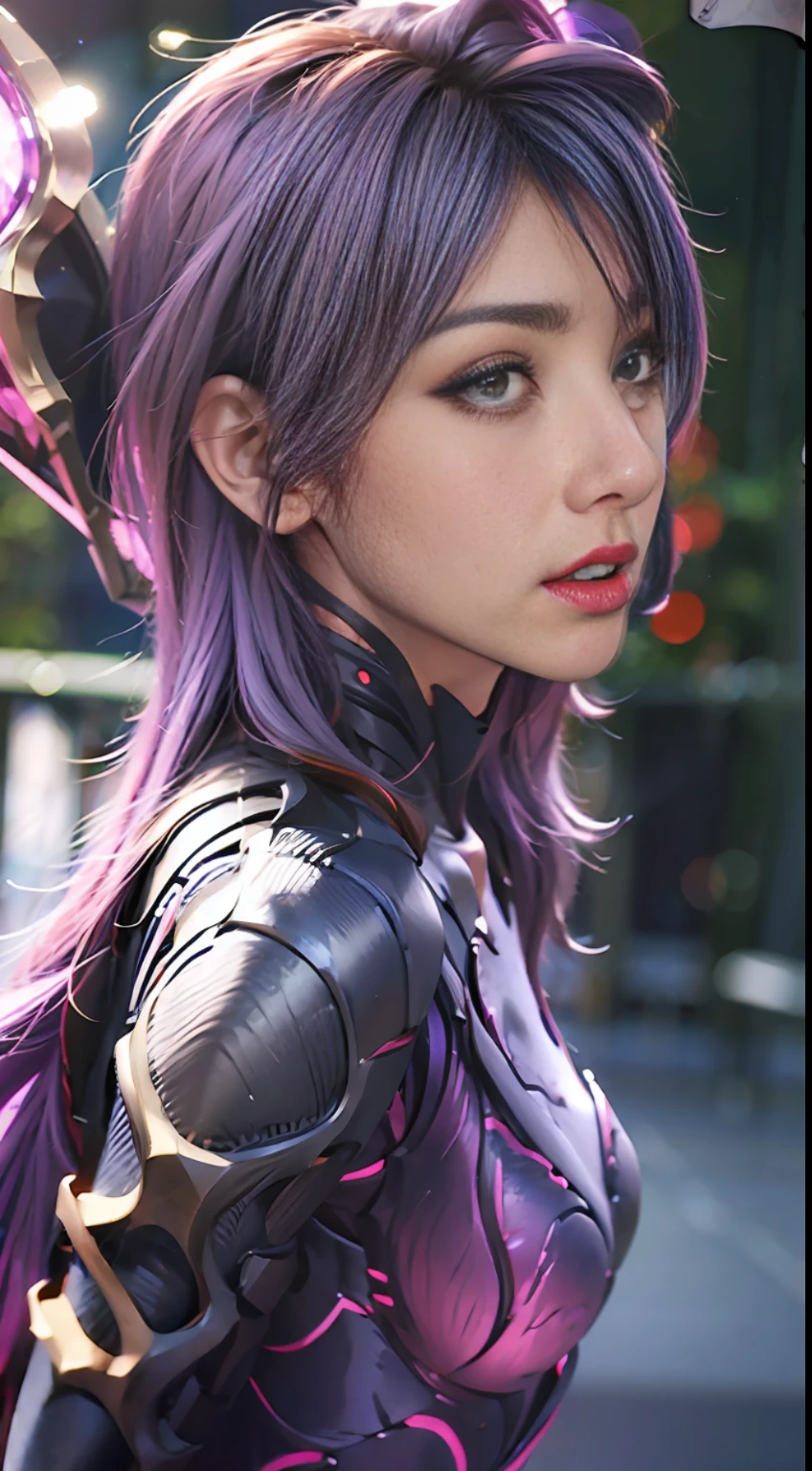 1girl, kai'sa, league of legends, kasa, purple wings, deep purple hair, purple eyes, serious expression, intense glare, looking at the audience, from the side, (dynamic pose), (void wings), weapons, masterpiece, extremely detailed CG Unity 8k wallpaper, best quality, 32k, focus clear, cybercity, neon, aperture, void field