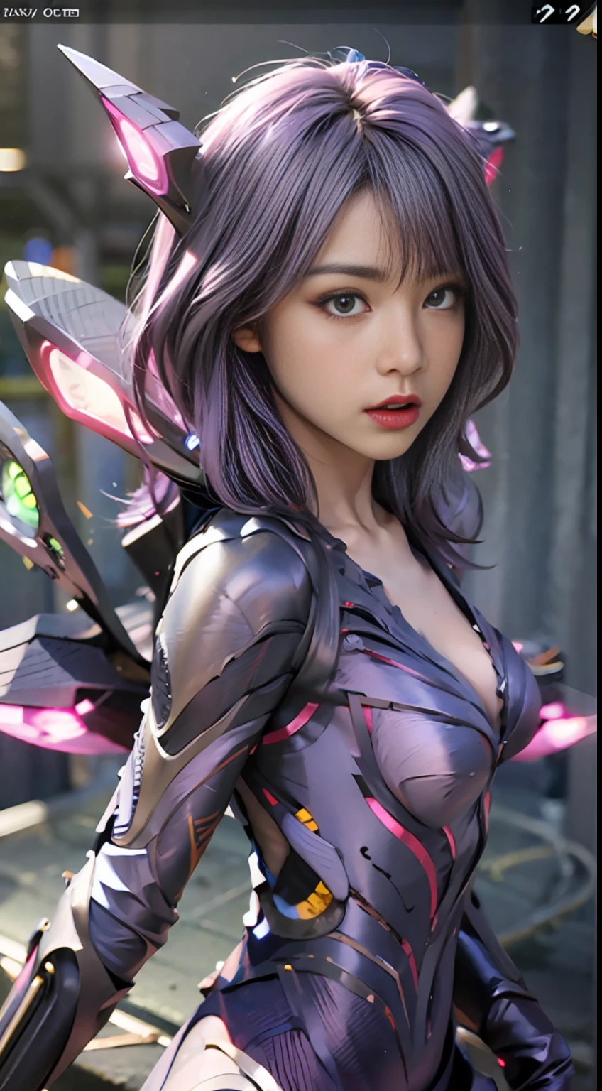 1girl, kai'sa, league of legends, kasa, purple wings, deep purple hair, purple eyes, serious expression, intense glare, looking at the audience, from the side, (dynamic pose), (void wings), weapons, masterpiece, extremely detailed CG Unity 8k wallpaper, best quality, 32k, focus clear, cybercity, neon, aperture, void field