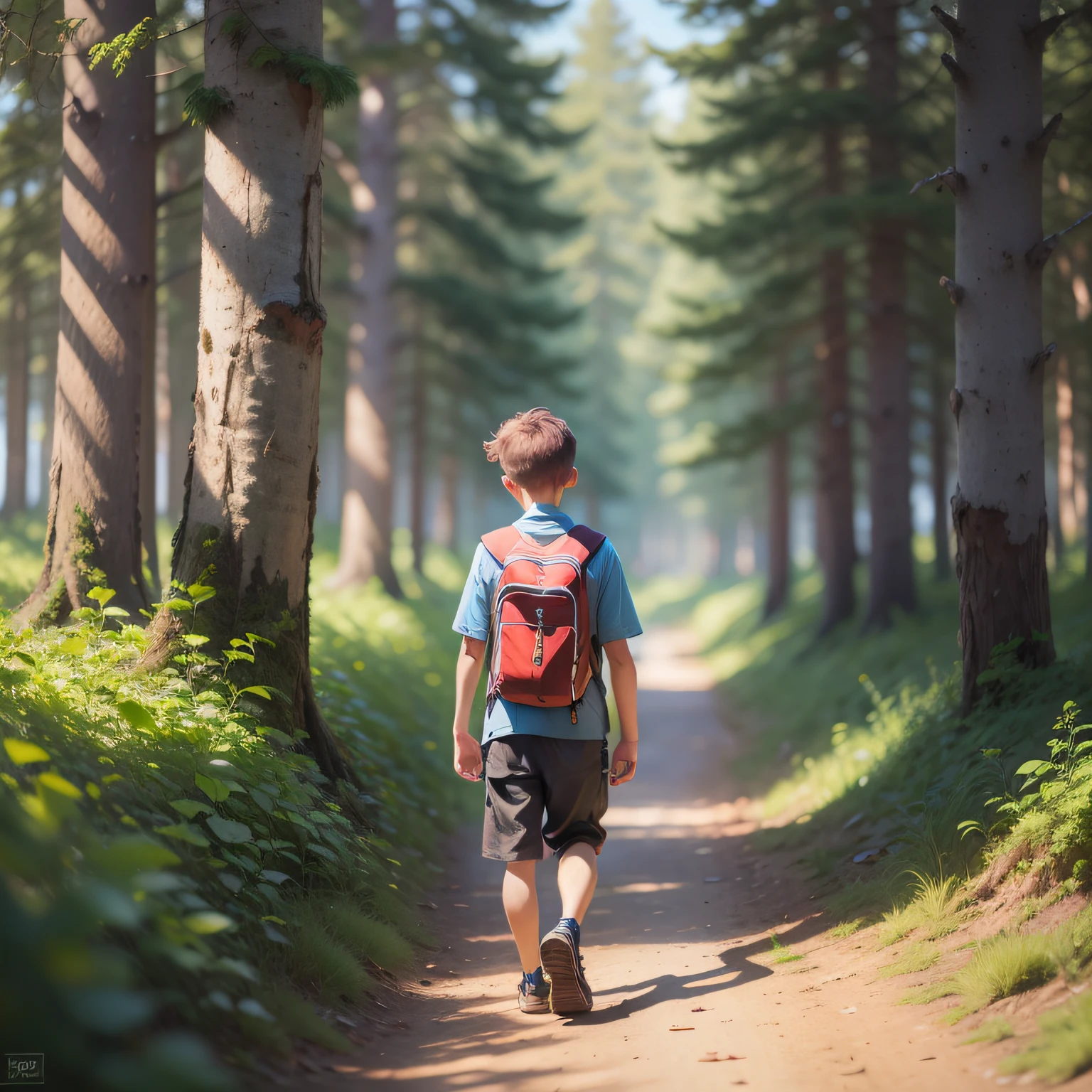 children's drawing, -yeld bowalking along a trail in the forest, detail-oriented