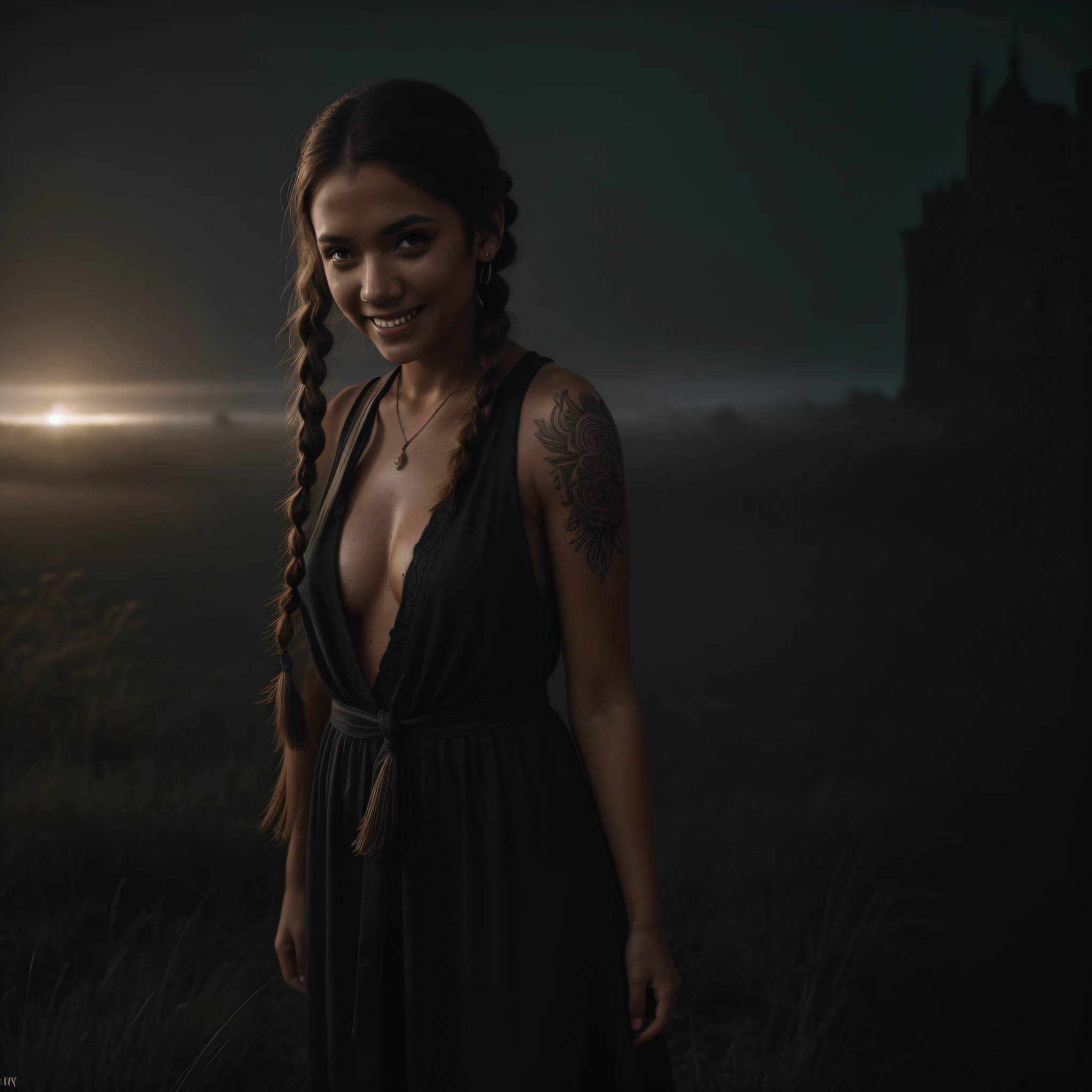 a full body photo, (American plane), native, indigenous, tribal, natural skin texture, 24mm, 4k textures, dirty skin, soft cinematic light, night, adobe lightroom, photolab, smiling, bandana, rain detailed, braided detailed pigtails, tattoos, masterpiece, (beautiful light brown eyes detailed: 1.1), best quality, illustration, (detailed lighting: 1.2), (beautiful detailed brightness: 1.3), white bathing suits, deep, intricate neckline, soft and sharp focus, (Fog, fog, fog), Dark Night, End of the World, Epic Realistic, (HDR:1.4), (Muted Colors:1.4), Neutral Colors, Night, Refractions of Screen Space, (Intricate Details, Hyperdetailed:1.3), Cinematic Photo, Vignette, Medieval Castle Background, Dark Colors, Vampire Hunter