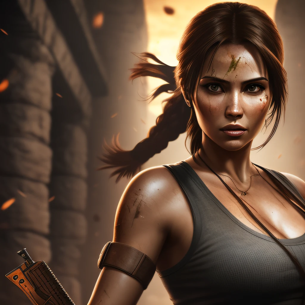 Lara Croft, Tomb Raider,(Woman) ,Female, ((brunette)) ,holding pistol, serious look, long hair, dark eyes, kentaru miura, berserk, sleeve, 8k, best quality, dynamic light