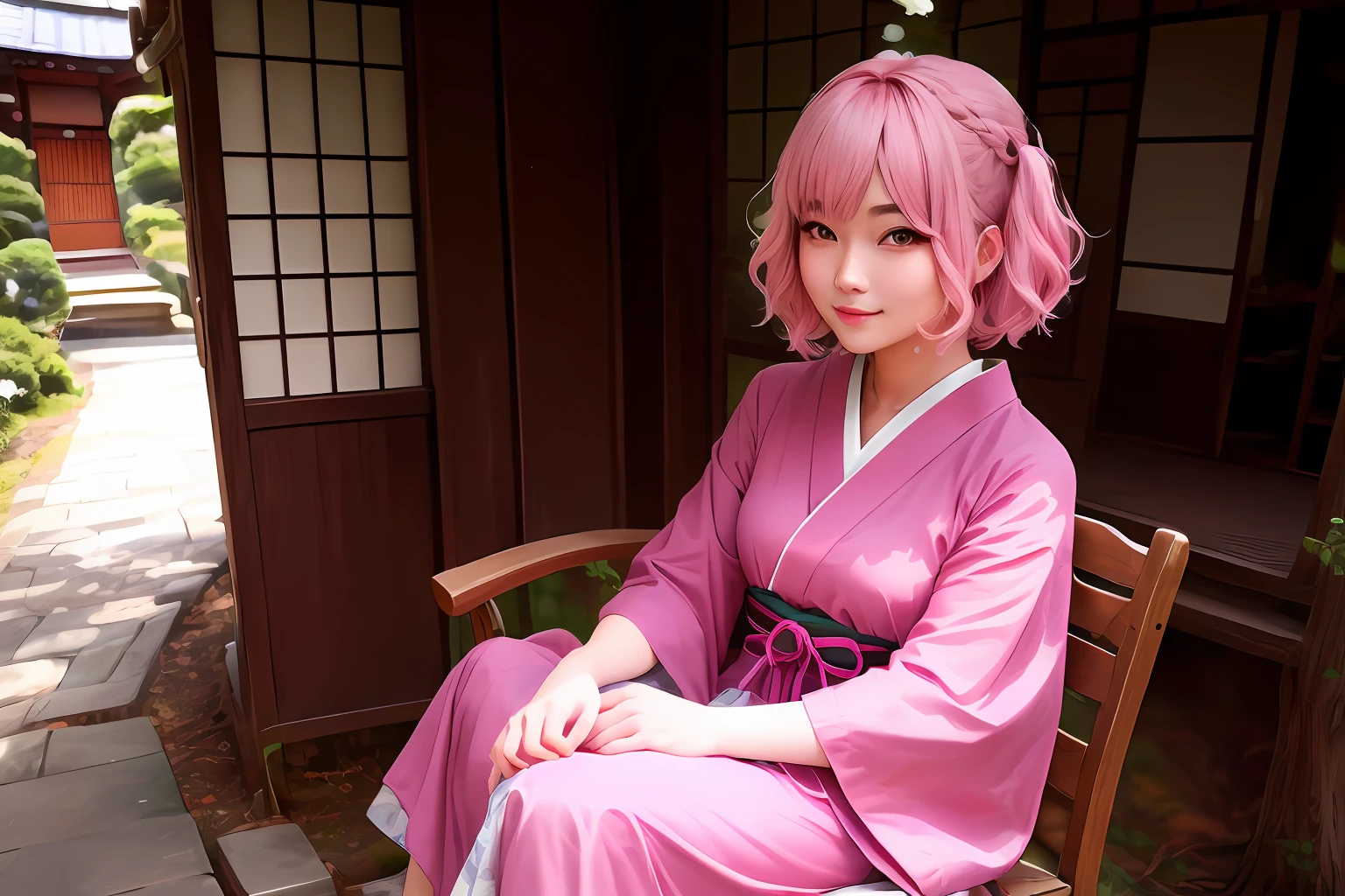 Seated woman, bright pink hair color, hairstyle is a bob, wig, cosplay, youthful Japan girl