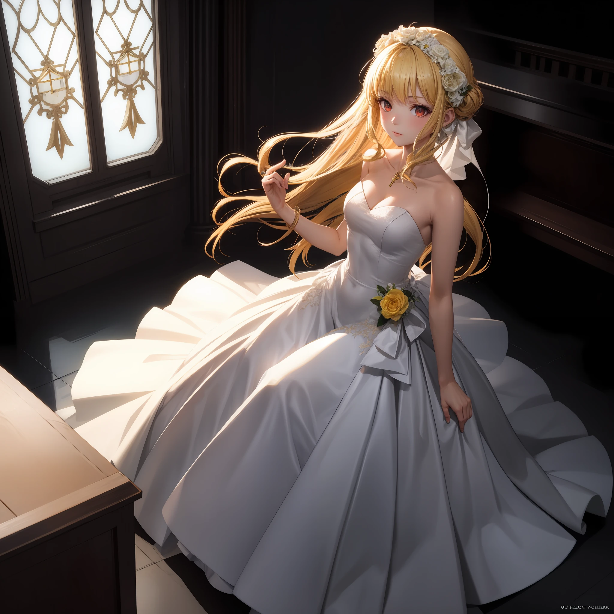 blonde, red eyes, girl, alone, solo, 1girl, yellow wedding dress, chapel