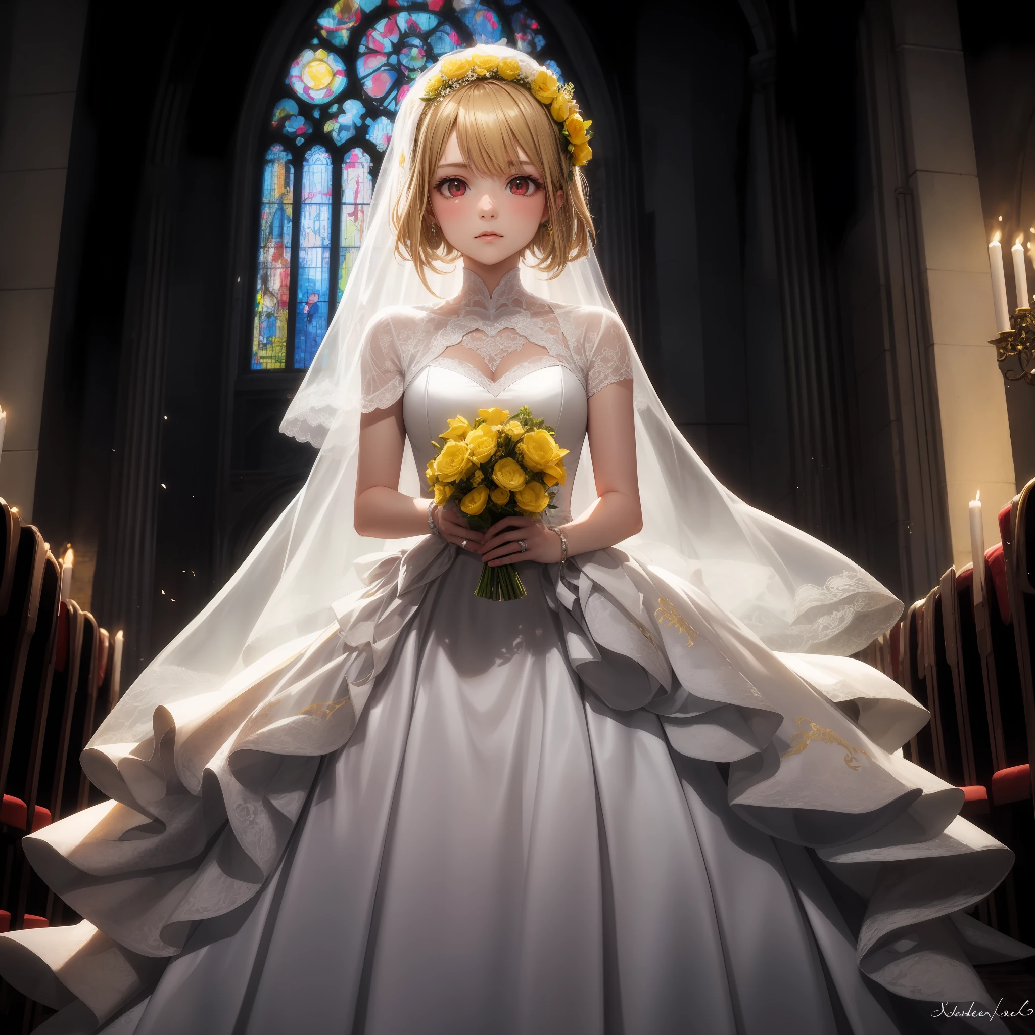 blonde, red eyes, girl, alone, solo, 1girl, yellow wedding dress, chapel
