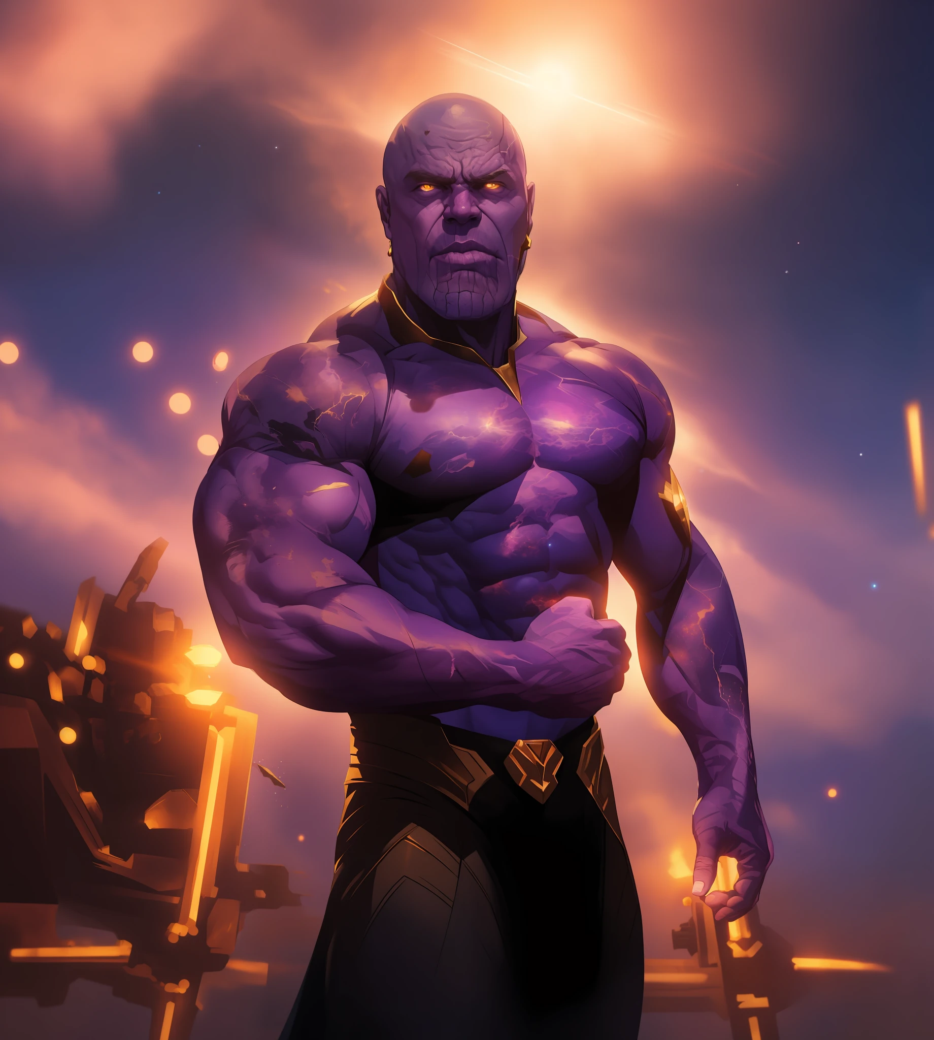 (best quality: 1.2), (masterpiece: 1.2), (realistic: 1.2), stunning angry Thanos, bald, purple cape, nebula space background, volumetric light, upper body, muscle, muscular, fantasy, dynamic angle, dynamic pose, masterpiece