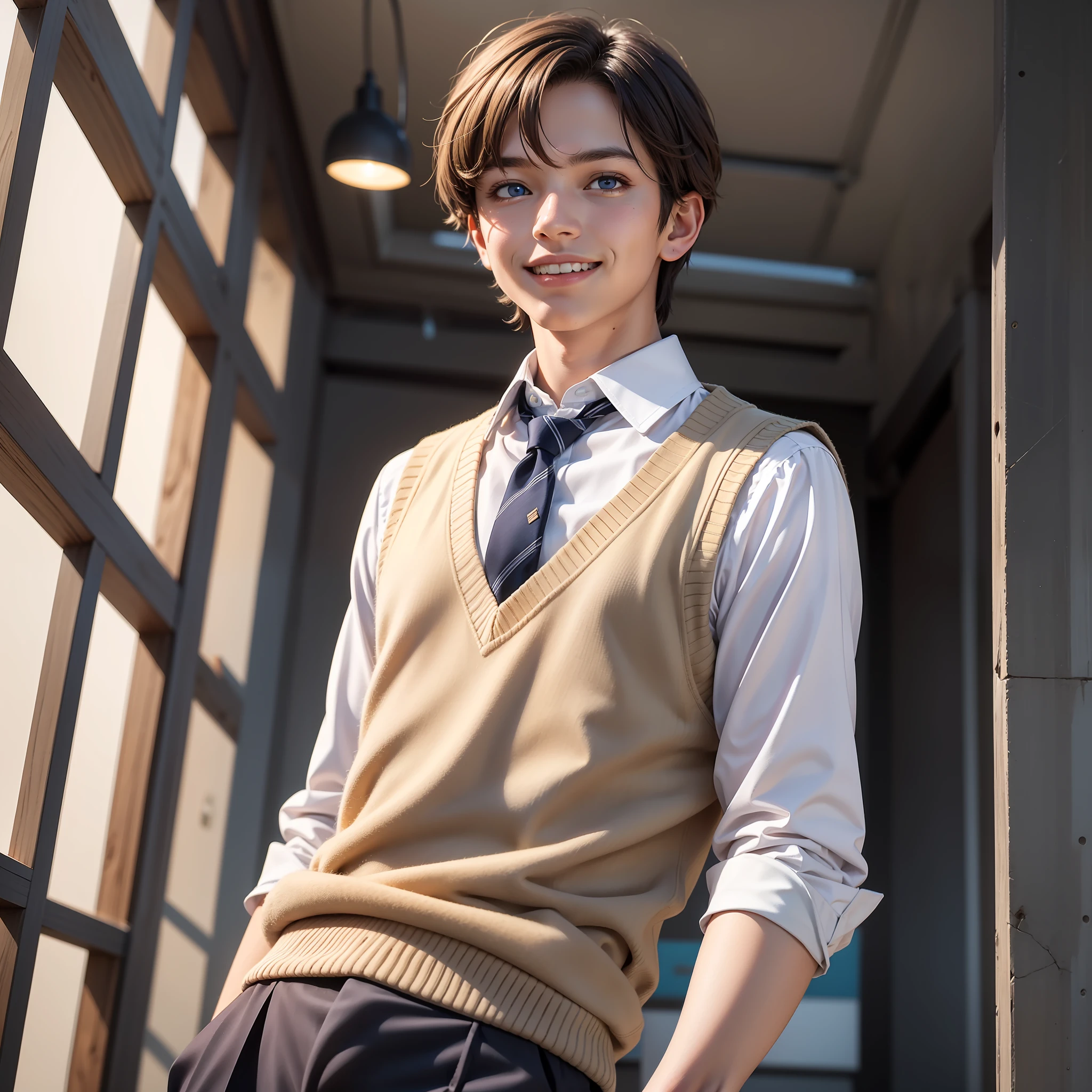 professional photo of angolmois, 1boy , solo, looking at the viewer, shrewd smile, beige pants, school uniform, tie, sweater vest, detailed skin, detailed eyes, detailed face, shimmering blue eyes, volumetric light, highrez, masterpiece, best quality,