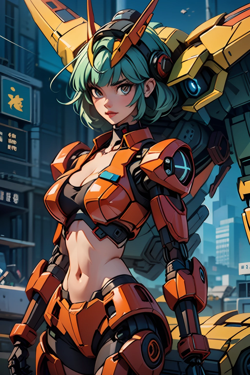 ((masterpiece, better quality)),illustration,ultra detailed 8k,photorealistic,sharp focus,very detailed,professional lighting,colorful details,iridescent colors BREAK extremely long plan of a factory,large mechanical robot construction,microchip,computer,glossy, intricate details,shitu-mecha,1girl stands next to Mecha, Gundam, navel, cute, sexy, eyes ultra detailed,