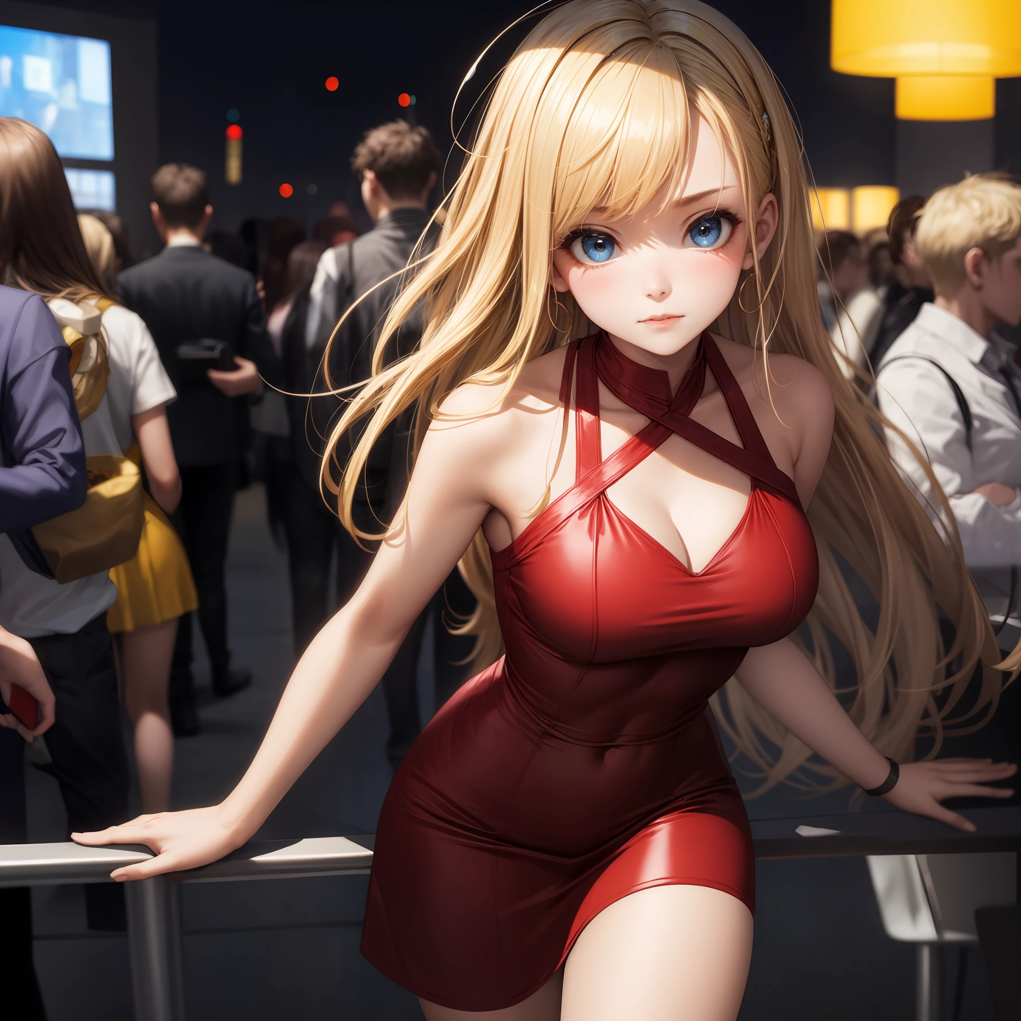 blonde, blue eyes, girl, alone, solo, 1girl, red dress, party venue