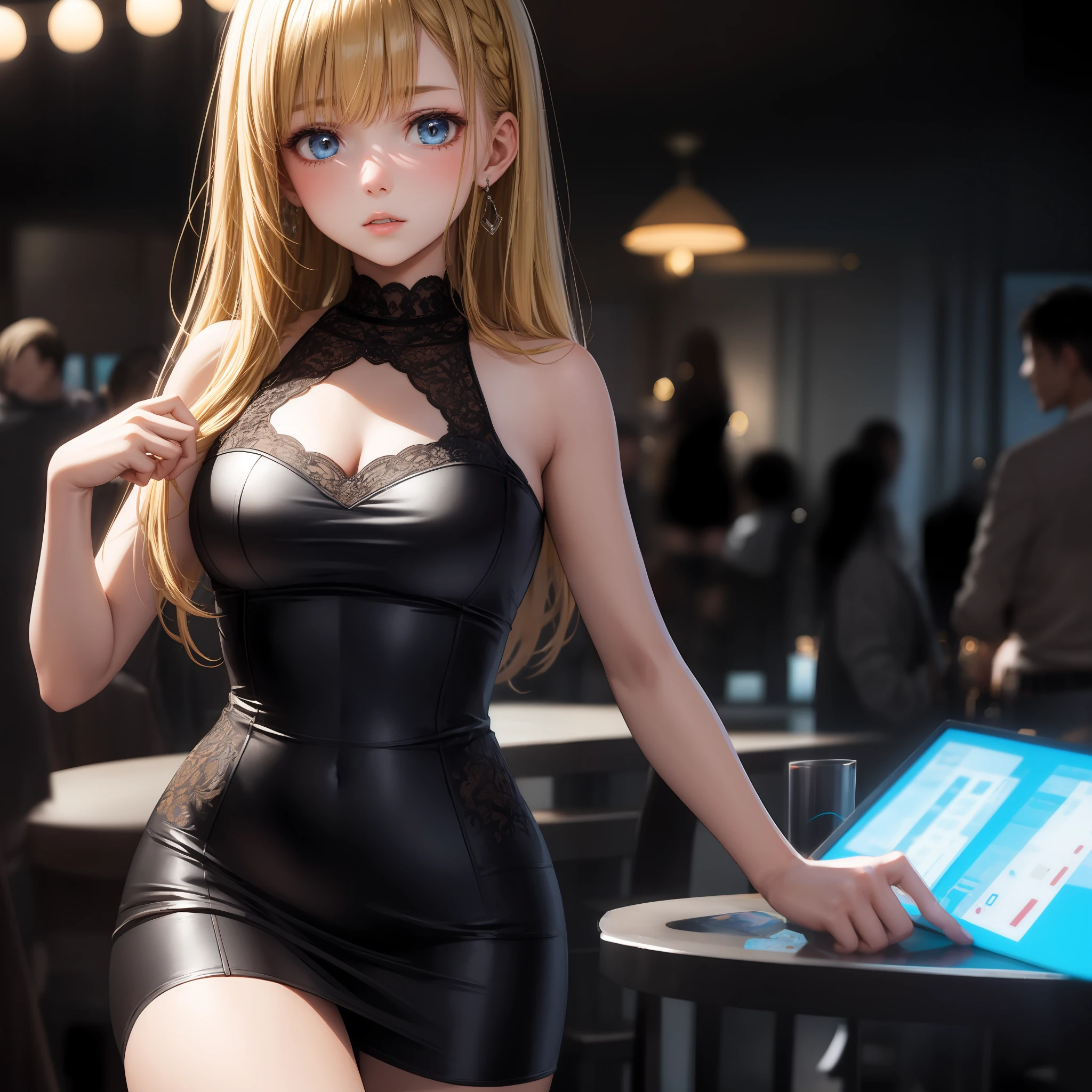 blonde, blue eyes, girl, alone, solo, 1girl, black dress, party venue