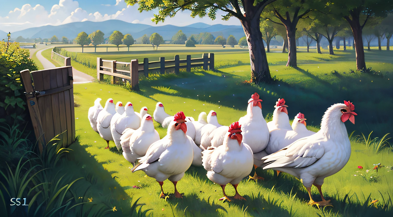 Anime Style, Digital Art, Ultra HD, Ultra Detail Painting), chicken, flock of chickens, chicks, birds flapping, blue sky, entrance clouds, grassland, nature, no_humans, --auto --s2