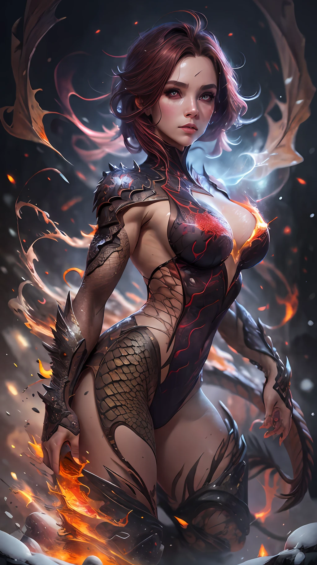 a full-body portrait of a dragon woman, in a volcano with snow, reddish hair, on fire, scales, natural body posture, snow, Art by Alberto Seveso, by Carne Griffiths, by Wadim Kashin, by jean baptiste monk, symmetrical, abstract art style, complex and intricate watercolor painting, sharp eyes, digital painting, explosion of colors, conceptual art, Volumetric lighting, TanvirTamim, metallic reflections, 2d rendering, 8k. by artgerm, trend in artstation