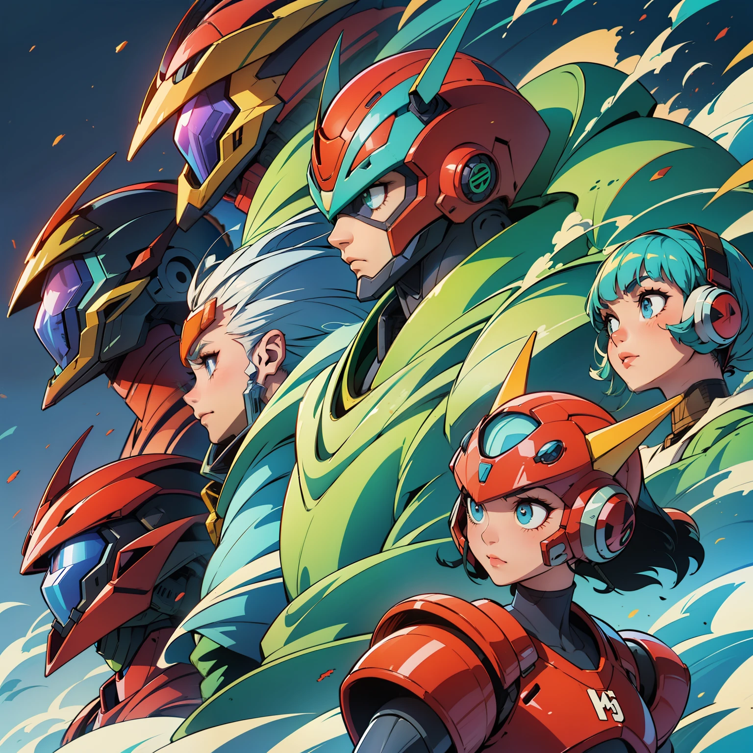 a close up of a robot with a helmet on and a red and blue helmet, megaman, mega man, robot metallic armor, scarab reploid, cyber fight armor, mecha suit, beautiful robot character design, tremendous mecha robot, video game characters designs, anime robotic mixed with organic, shovel knight as daft punk, by Jason Teraoka