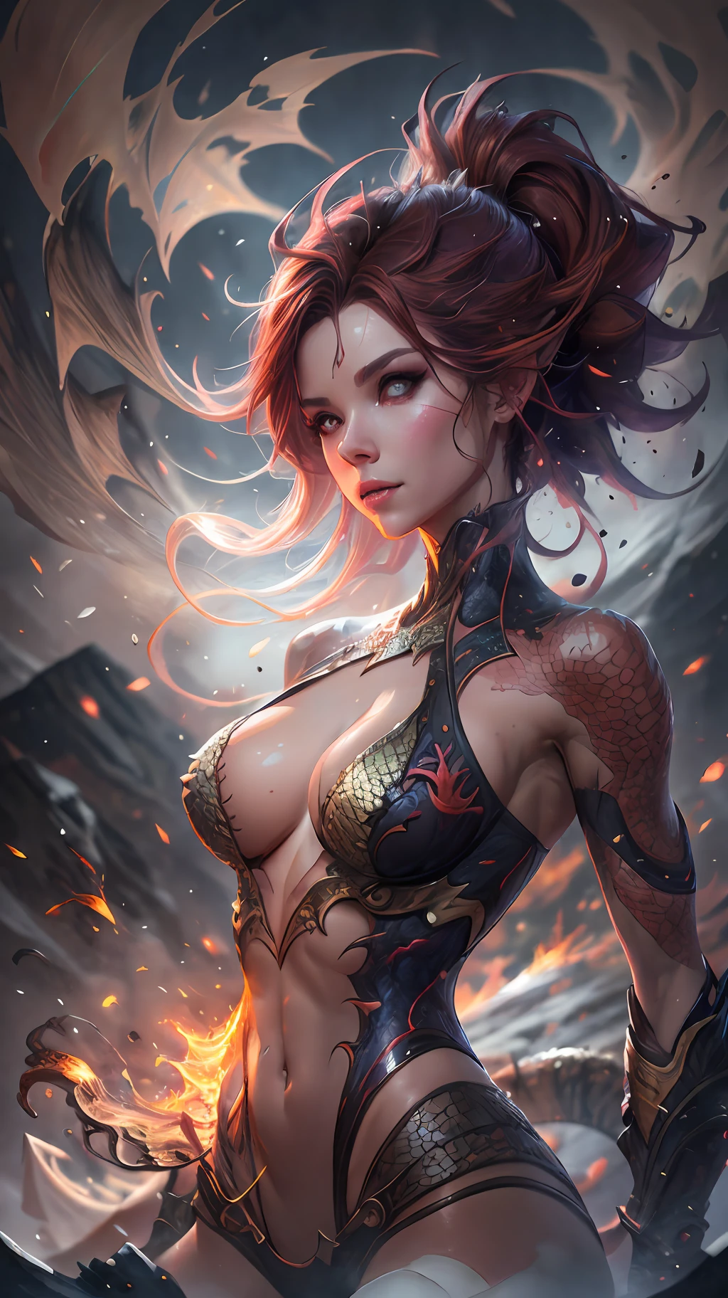 a full-body portrait of a dragon woman, in a volcano with snow, reddish hair, on fire, scales, natural body posture, snow, Art by Alberto Seveso, by Carne Griffiths, by Wadim Kashin, by jean baptiste monk, symmetrical, abstract art style, complex and intricate watercolor painting, sharp eyes, digital painting, explosion of colors, conceptual art, Volumetric lighting, TanvirTamim, metallic reflections, 2d rendering, 8k. by artgerm, trend in artstation