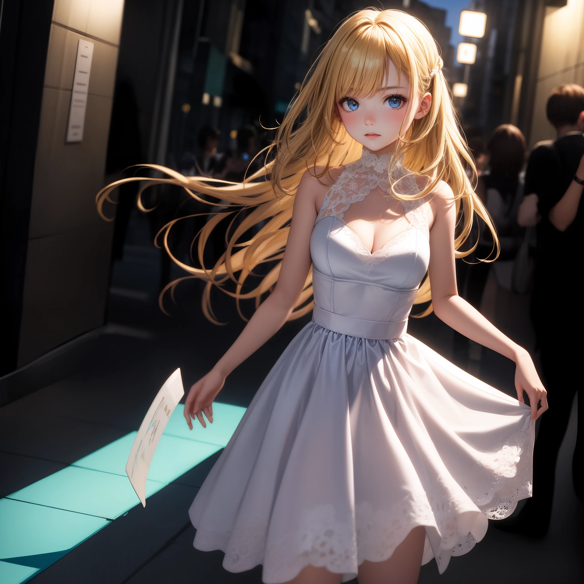 blonde, blue eyes, girl, alone, solo, 1girl, white dress, party venue