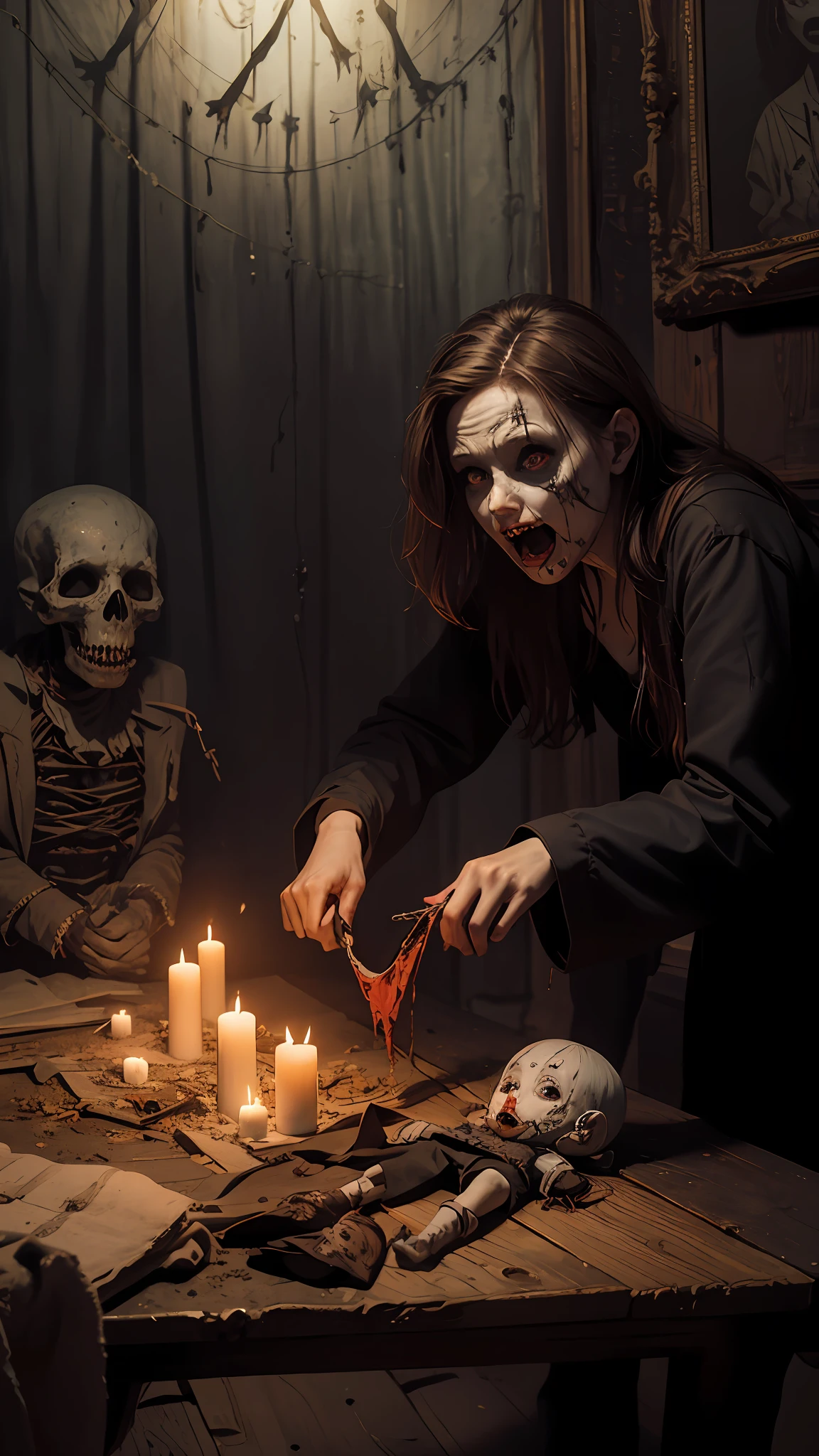 Haunted graveyard,Sinister shadows,Creepy abandoned house,Malevolent spirits,Bloodcurdling screams,Cursed dolls,Terrifying clowns,Macabre rituals,Grave robbers,Chilling whispers,Possessed mirrors,Haunted paintings,Creaking floorboards,Mysterious disappearances,Forbidden rituals