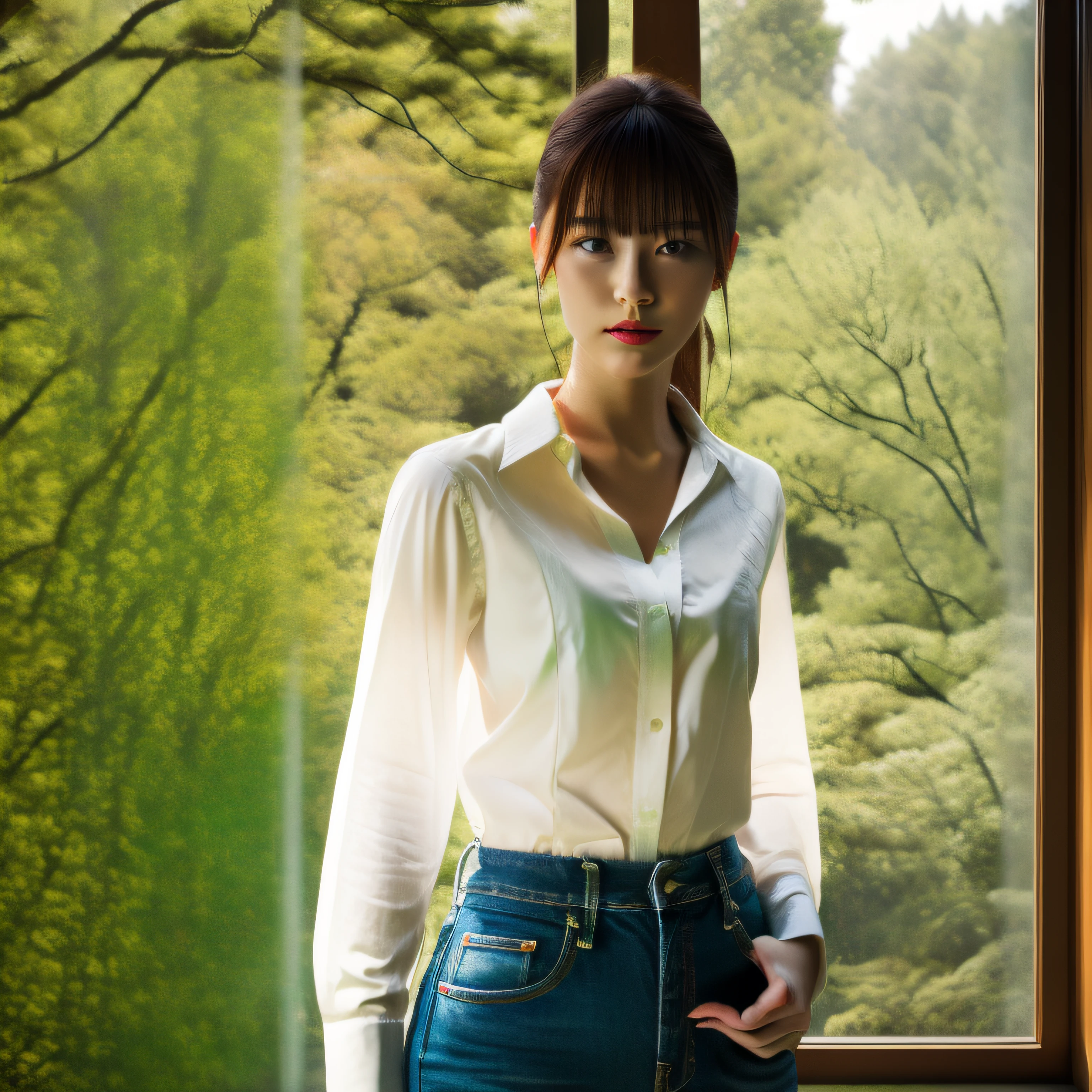 Summer image of young woman in Japan wearing white thin shirt and light colored denim pants against background of interior with fresh green trees outside the window, Lofi intelligent, looking at me, boyish neutral beauty, small, beige bra showing through, her back is reflected in the background window glass, best quality, realistic, photorealistic, best quality, masterpiece, very delicate and beautiful, very detailed, fine detail, ultra detail, high resolution, very detailed, realistic, ultra high definition, best quality, ultra high definition, high quality textures