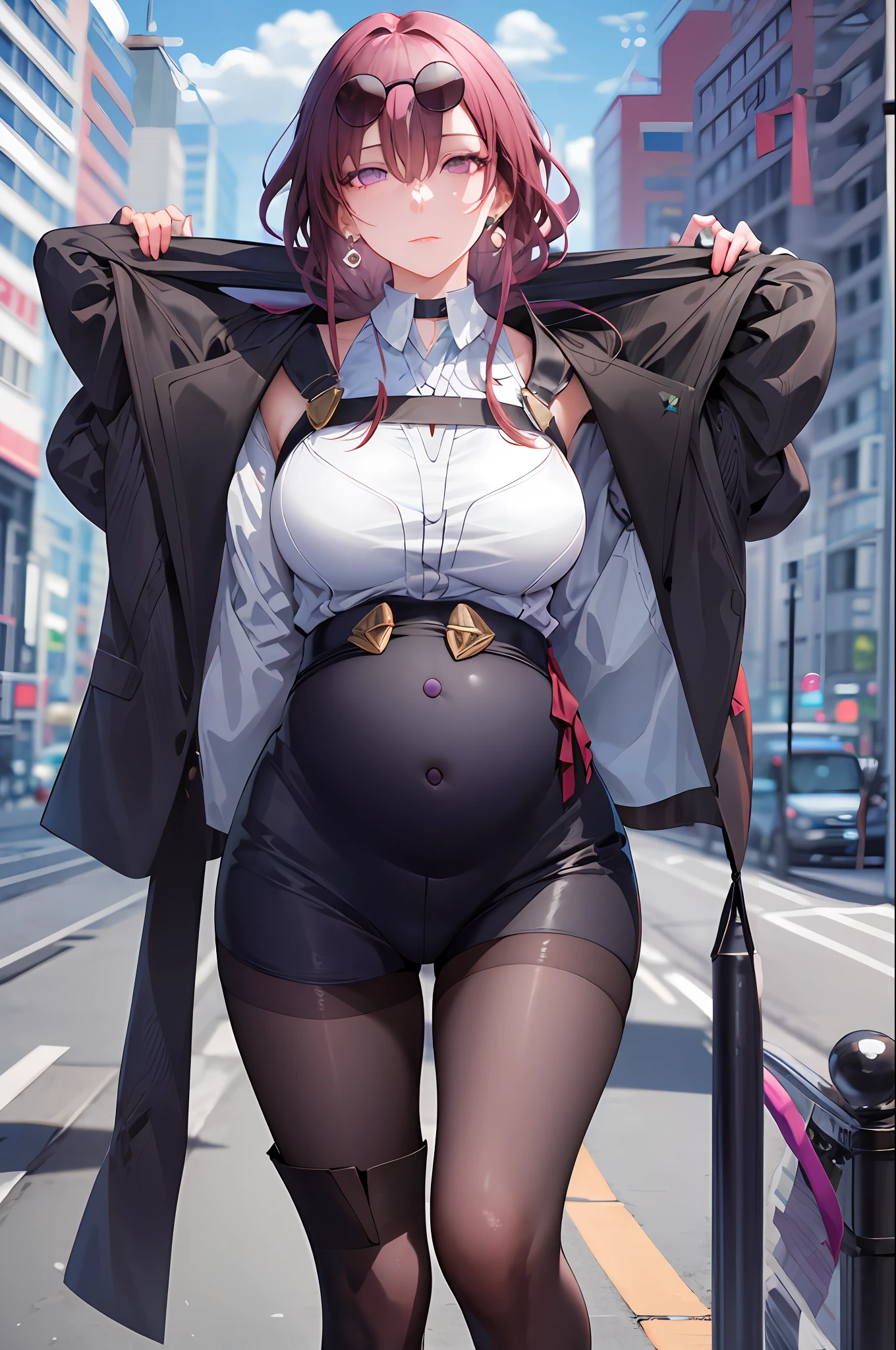 masterpiece, best quality, 1girl, skinny, large breasts,  official,shirt, (undressing:1.4),    pantyhose, eyewear on head,  purple eyes, empty eyes, earrings,  street, pregnant