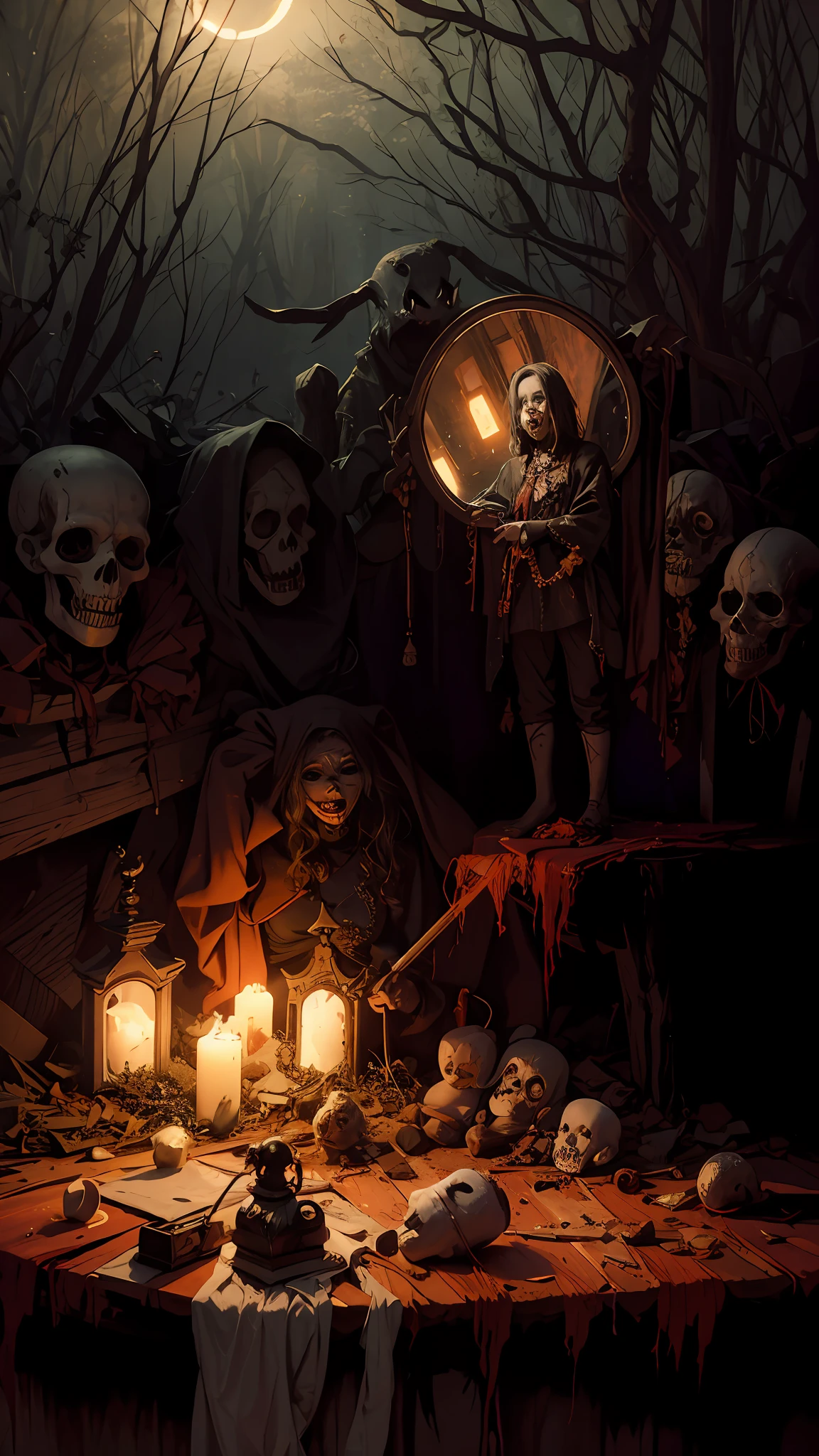 Haunted graveyard，Sinister shadows，Creepy abandoned house，Malevolent spirits，Bloodcurdling screams，Cursed dolls，Terrifying clowns，Macabre rituals，Grave robbers，Chilling whispers，Possessed mirrors，Haunted paintings，Creaking floorboards，Mysterious disappearances，Forbidden rituals