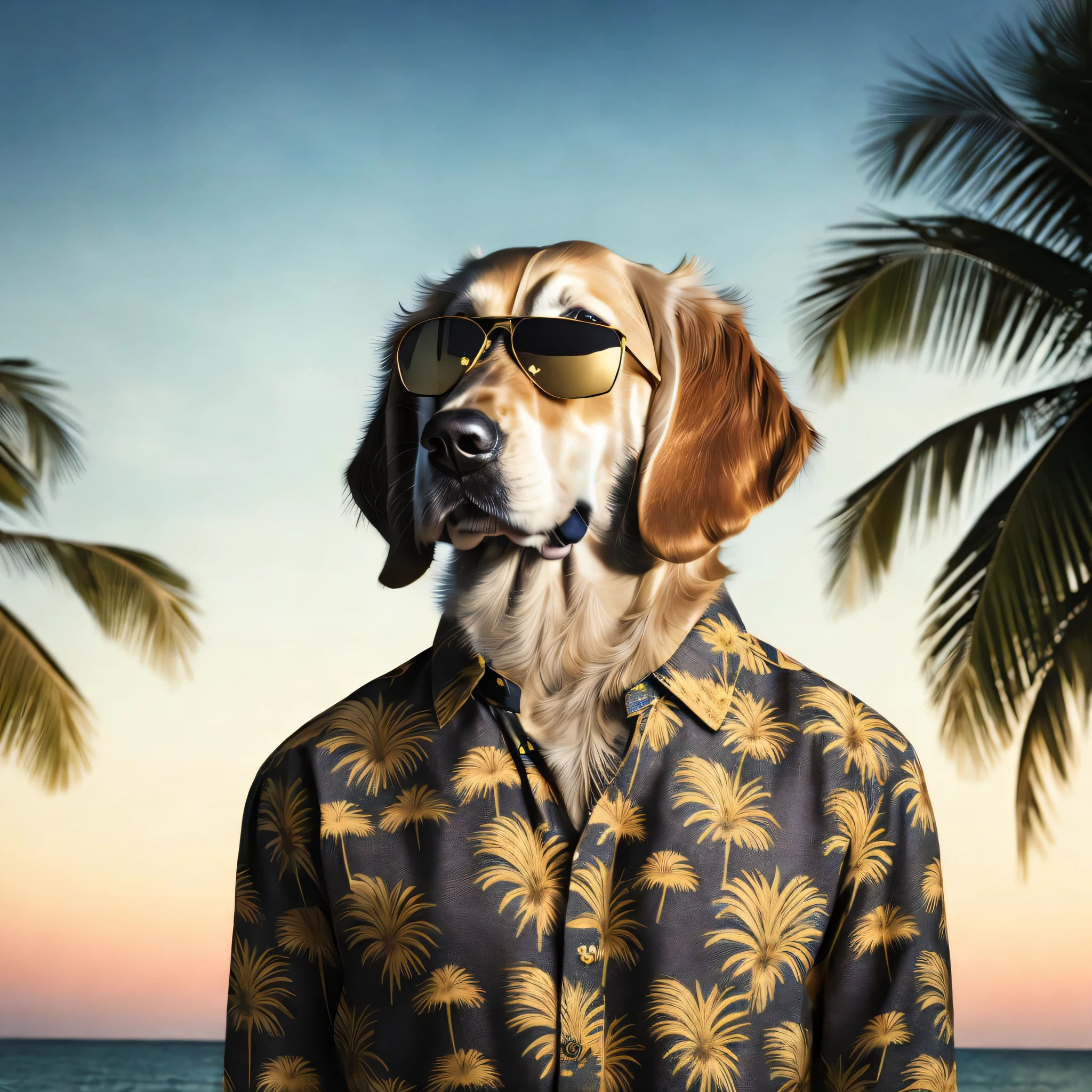 a Golden Retriever in palm tree patterned shirt, medium long shot, vintage Aviator glasses