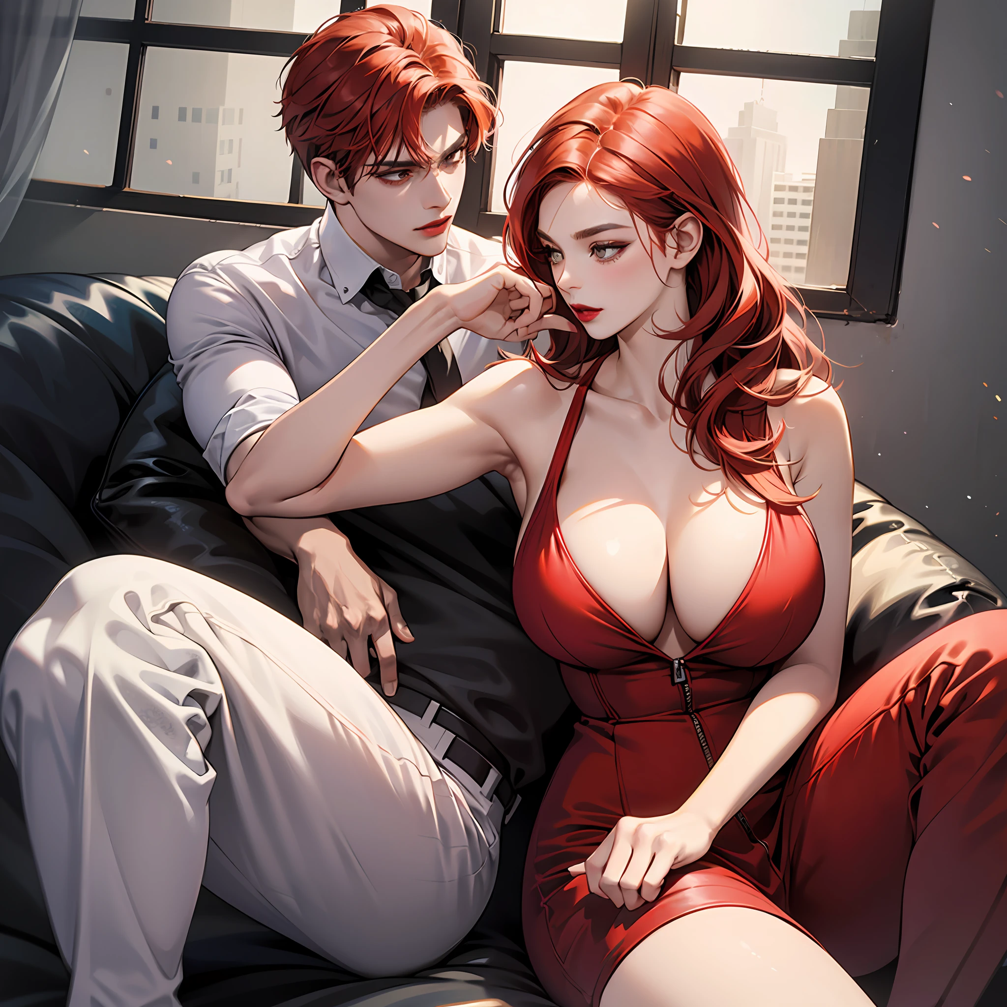 A seductive woman with red hair, wearing red lipstick and with large breasts. Nike Tenes Blue Viatido --auto