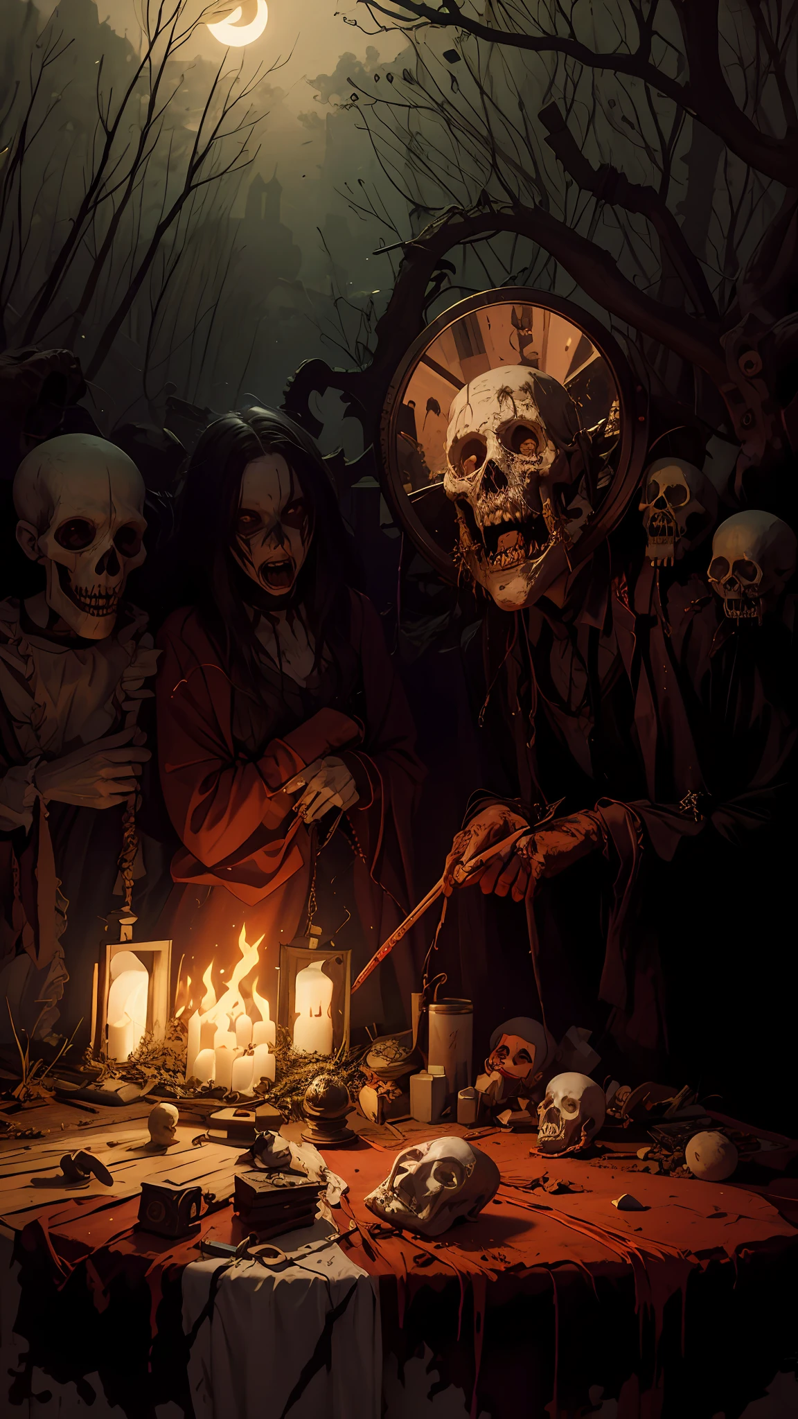 Haunted graveyard,Sinister shadows,Creepy abandoned house,Malevolent spirits,Bloodcurdling screams,Cursed dolls,Terrifying clowns,Macabre rituals,Grave robbers,Chilling whispers,Possessed mirrors,Haunted paintings,Creaking floorboards,Mysterious disappearances,Forbidden rituals