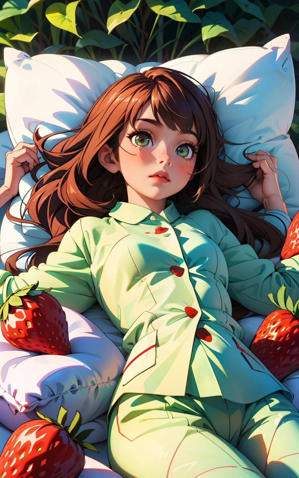 Girl with semi-long wavy brown hair, lying on her back hugging a pillow, in tender white pajamas and patterned strawberries, tender girl's scenery, emerald eyes,