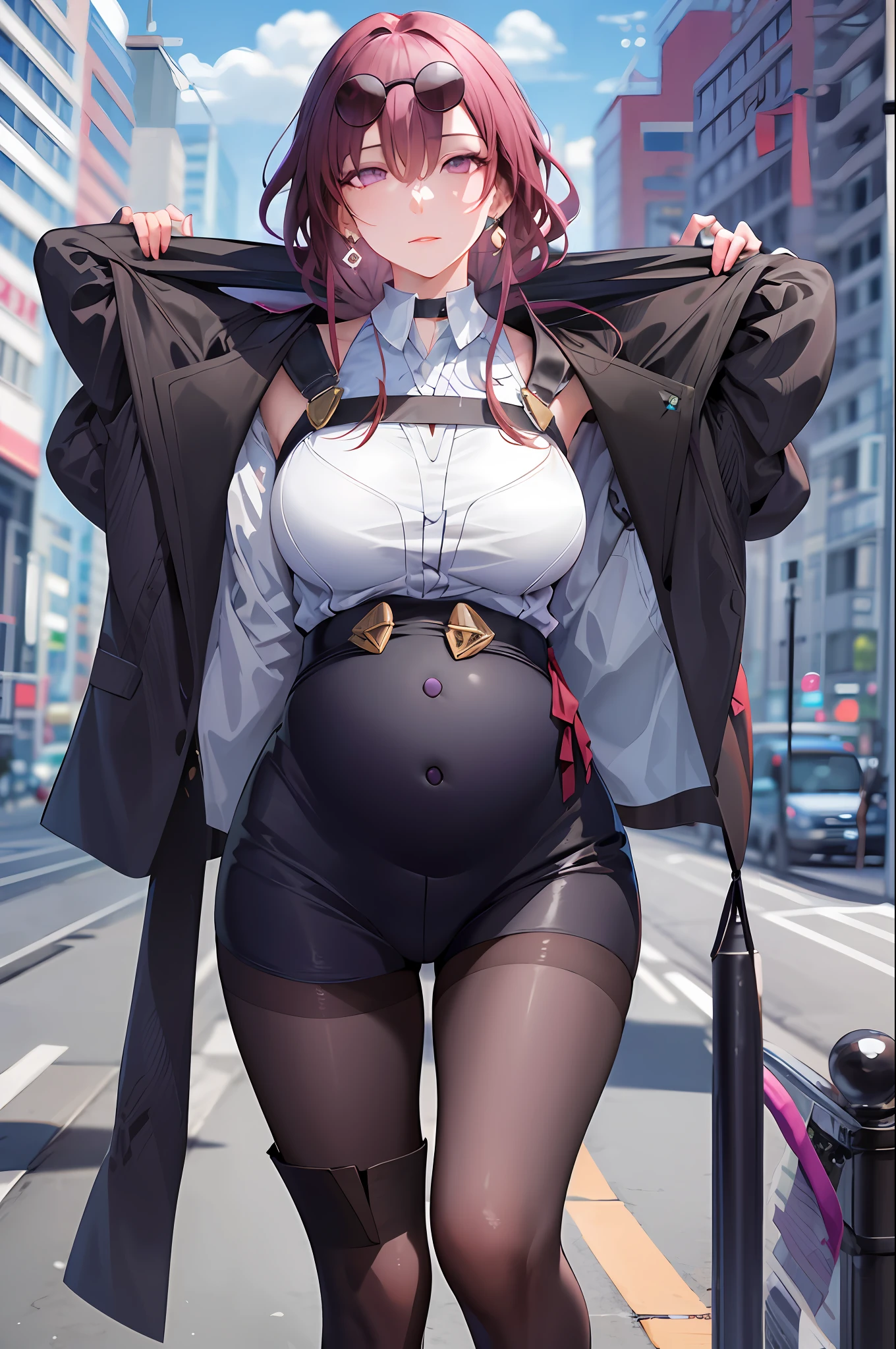 masterpiece, best quality, 1girl, skinny, large breasts, official,shirt, (undressing:1.4), pantyhose, eyewear on head, purple eyes, empty eyes, earrings, street, pregnant