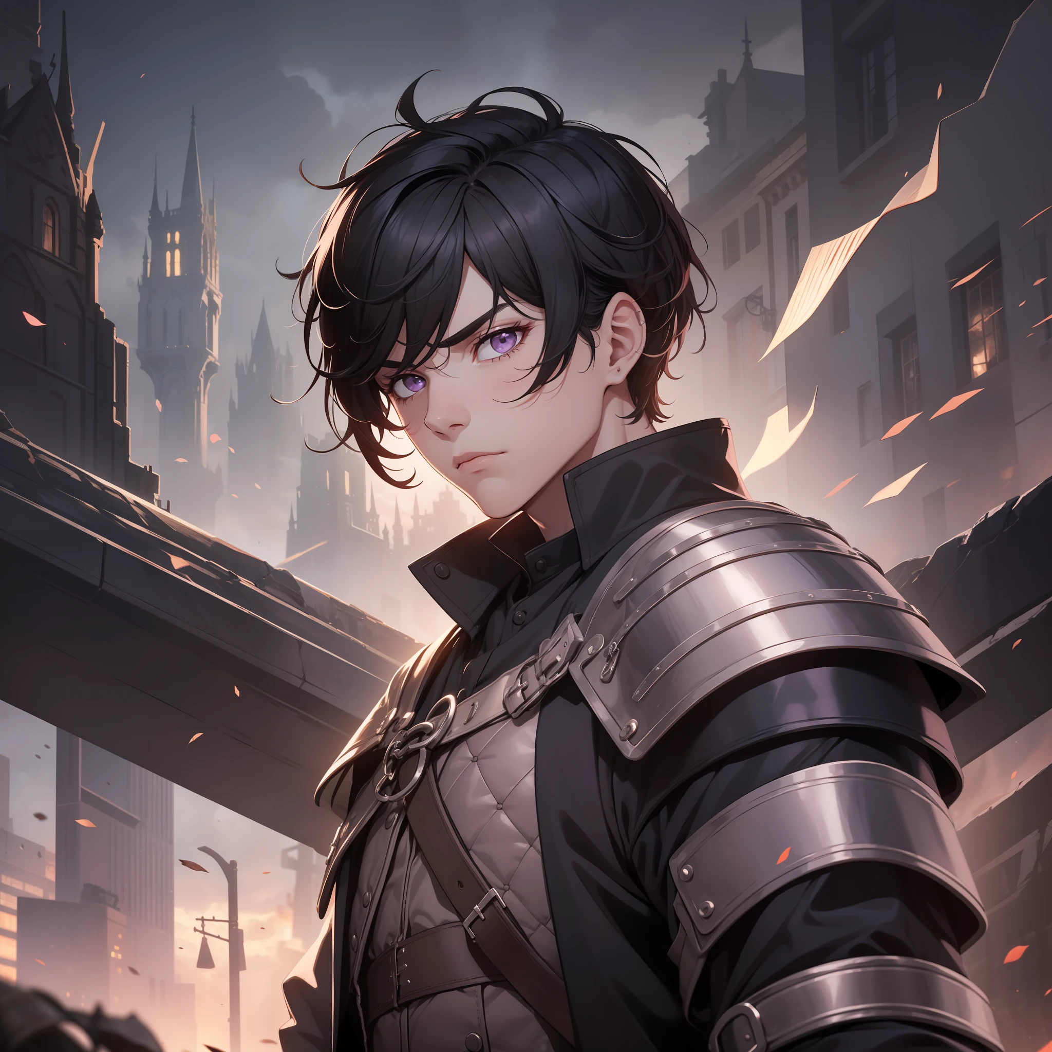Young boy, masculine, intimidating, medium black hair, purple eyes, medieval, arcane, dark, fringe, lonely, 4k, good quality
