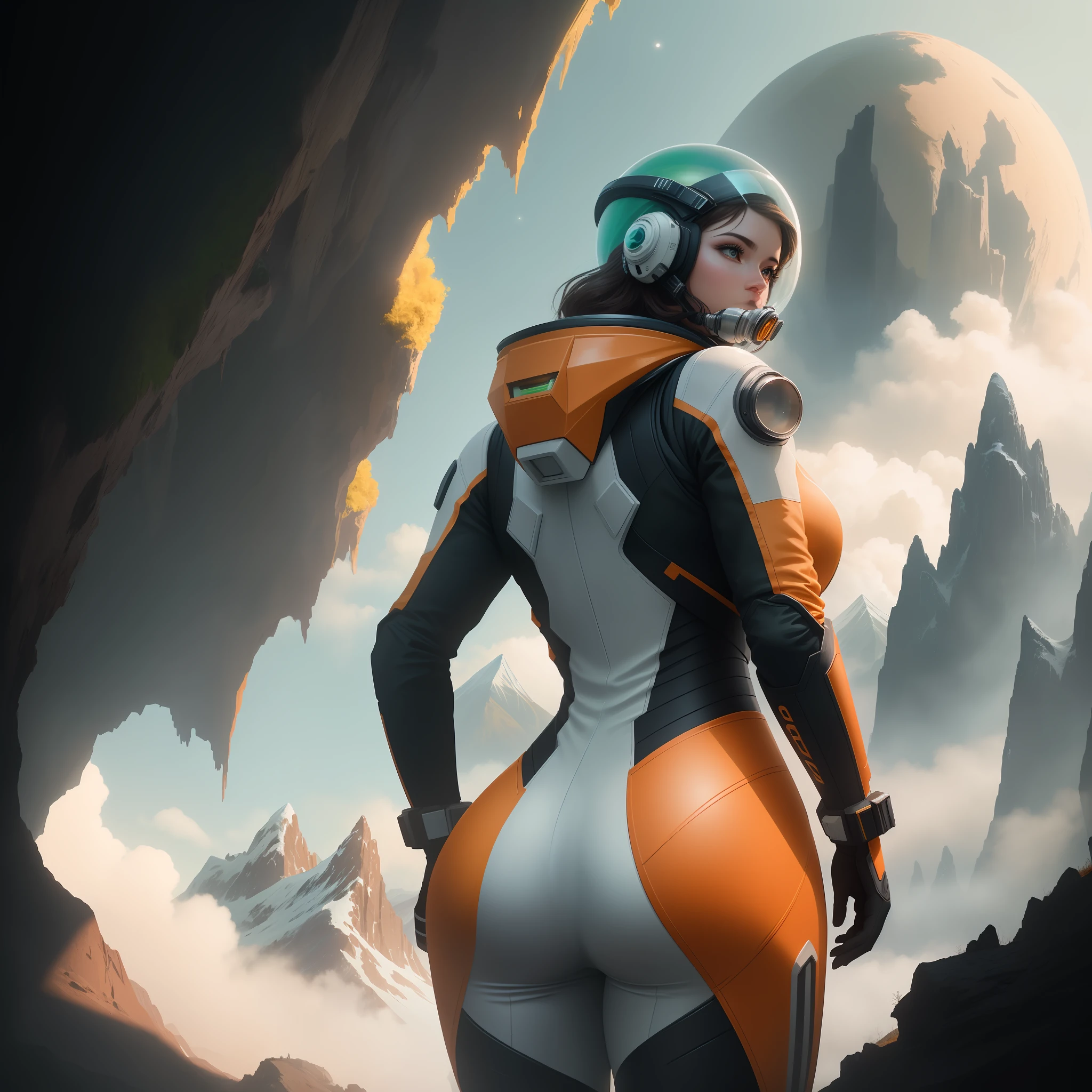 rear angle, Highly detailed RAW color Photo, Rear Angle, Full Body, of (female space soldier, wearing orange and white space suit, helmet, tined face shield, rebreather, accentuated booty), outdoors, (looking up at advanced alien structure, on alien planet), toned body, big butt, (sci-fi), (mountains:1.1), (lush green vegetation), (two moons in sky:0.8), (highly detailed, hyperdetailed, intricate), ((DAY TIME)), (lens flare:0.7), (bloom:0.7), particle effects, raytracing, cinematic lighting, shallow depth of field, photographed on a Sony a9 II, 50mm wide angle lens, sharp focus, cinematic film still from Gravity 2013, from behind